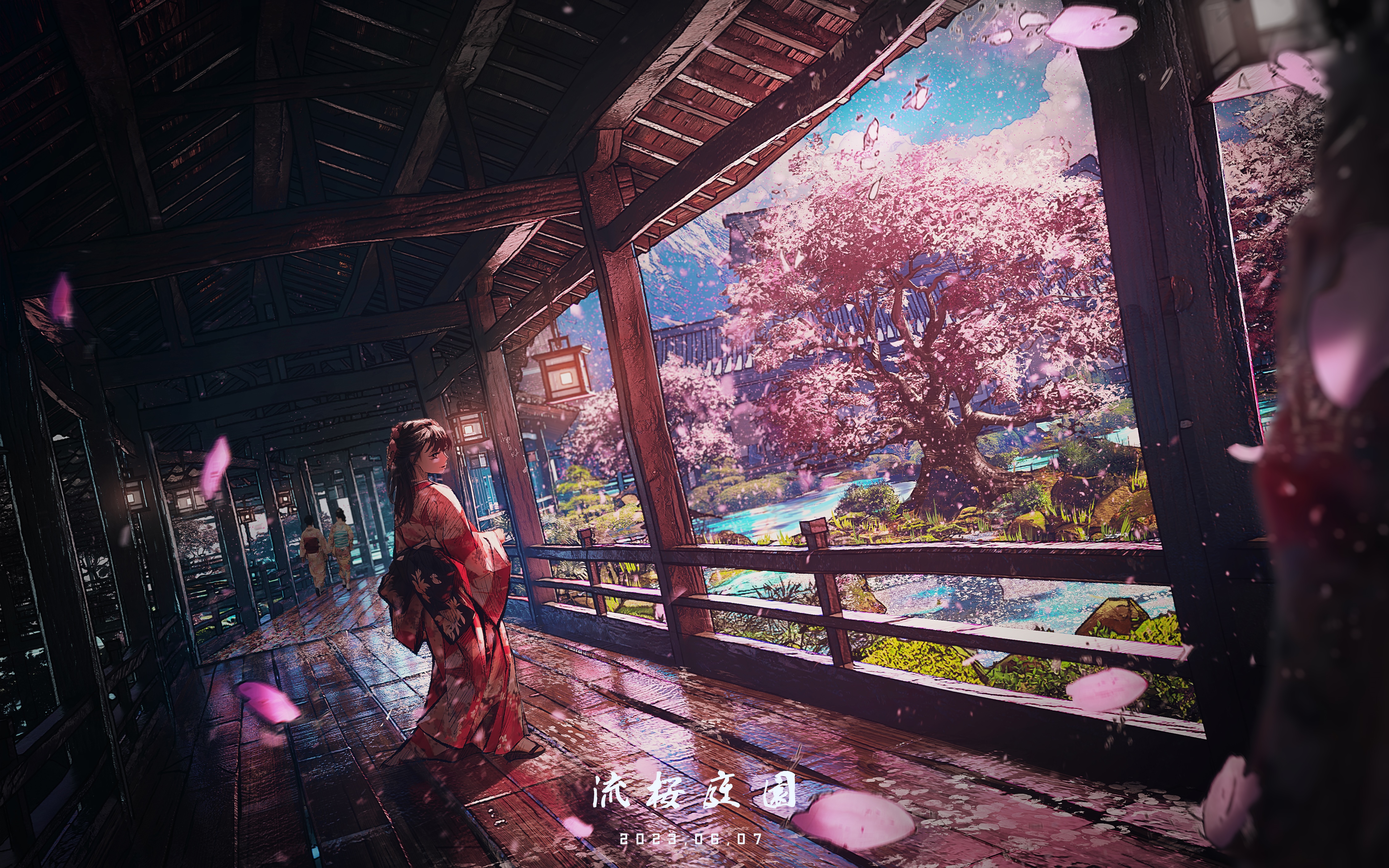 4K Cherry Blossom Garden with Japanese Architecture HD Wallpaper