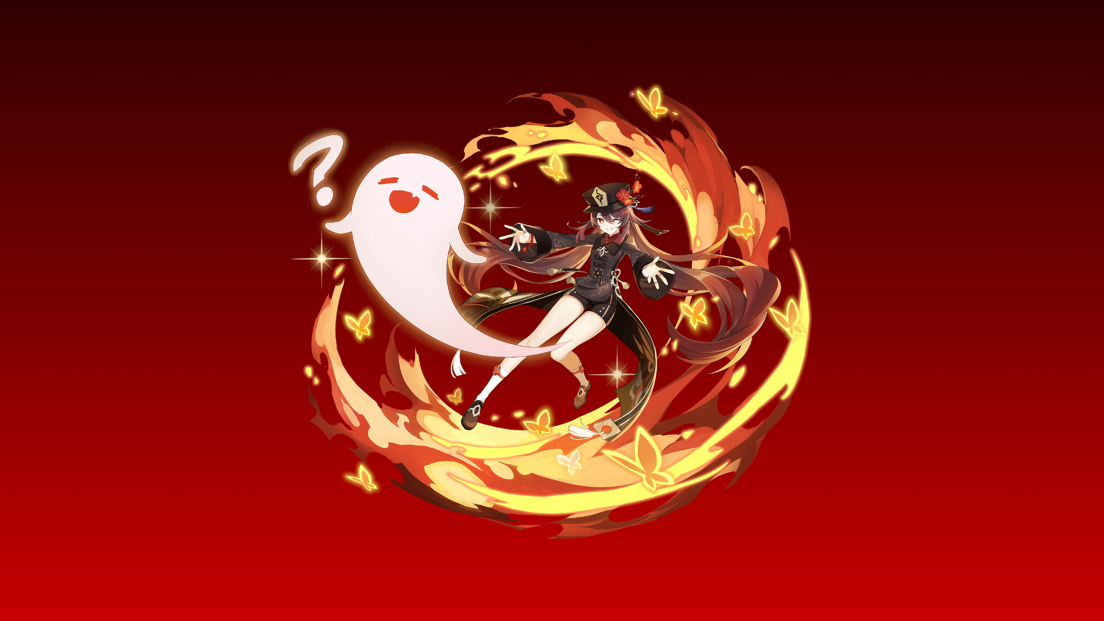 Hu Tao with a Ghost and Butterflies HD Wallpaper
