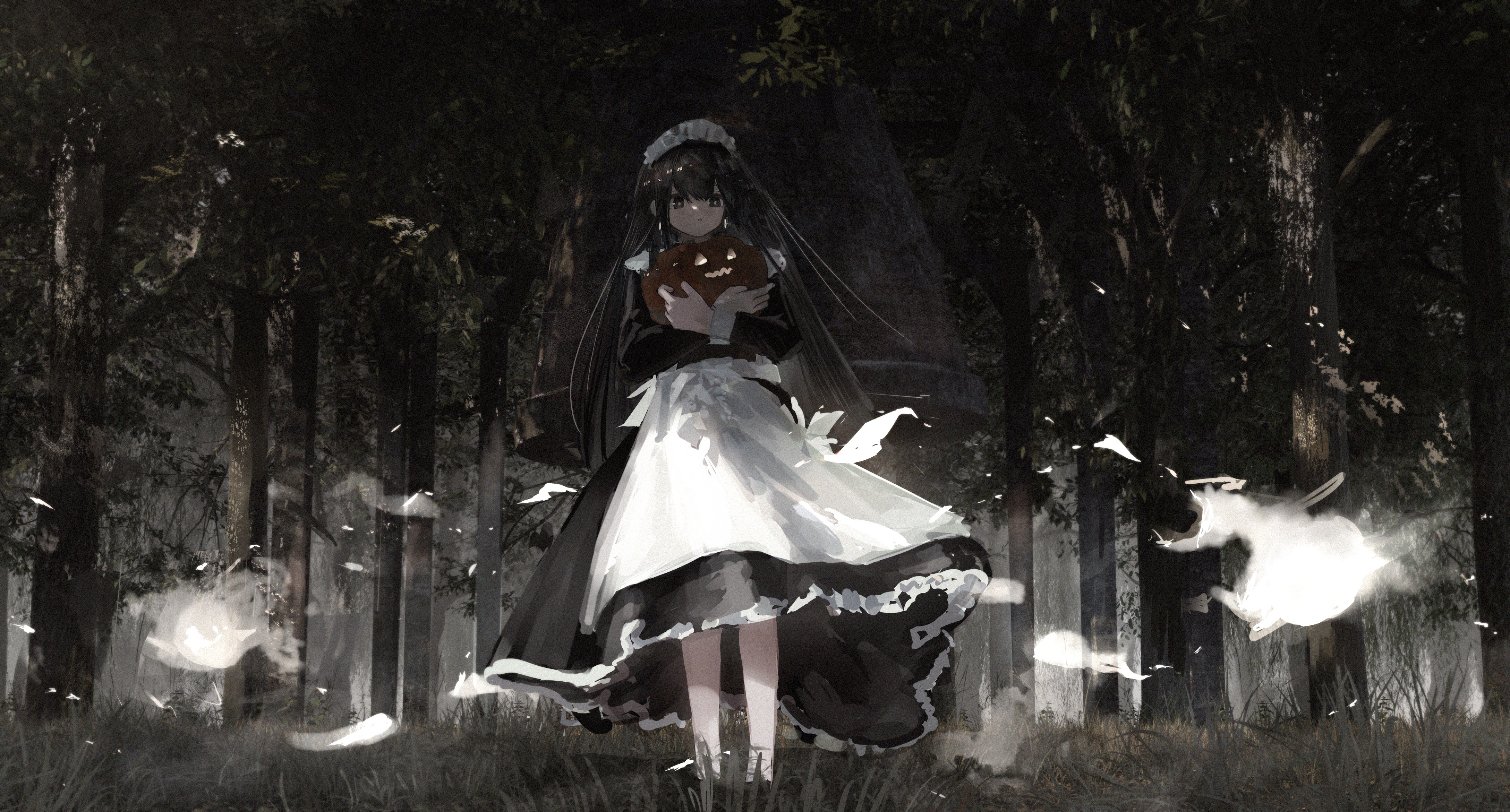 Maid holding a pumpkin in a dark forest HD Wallpaper