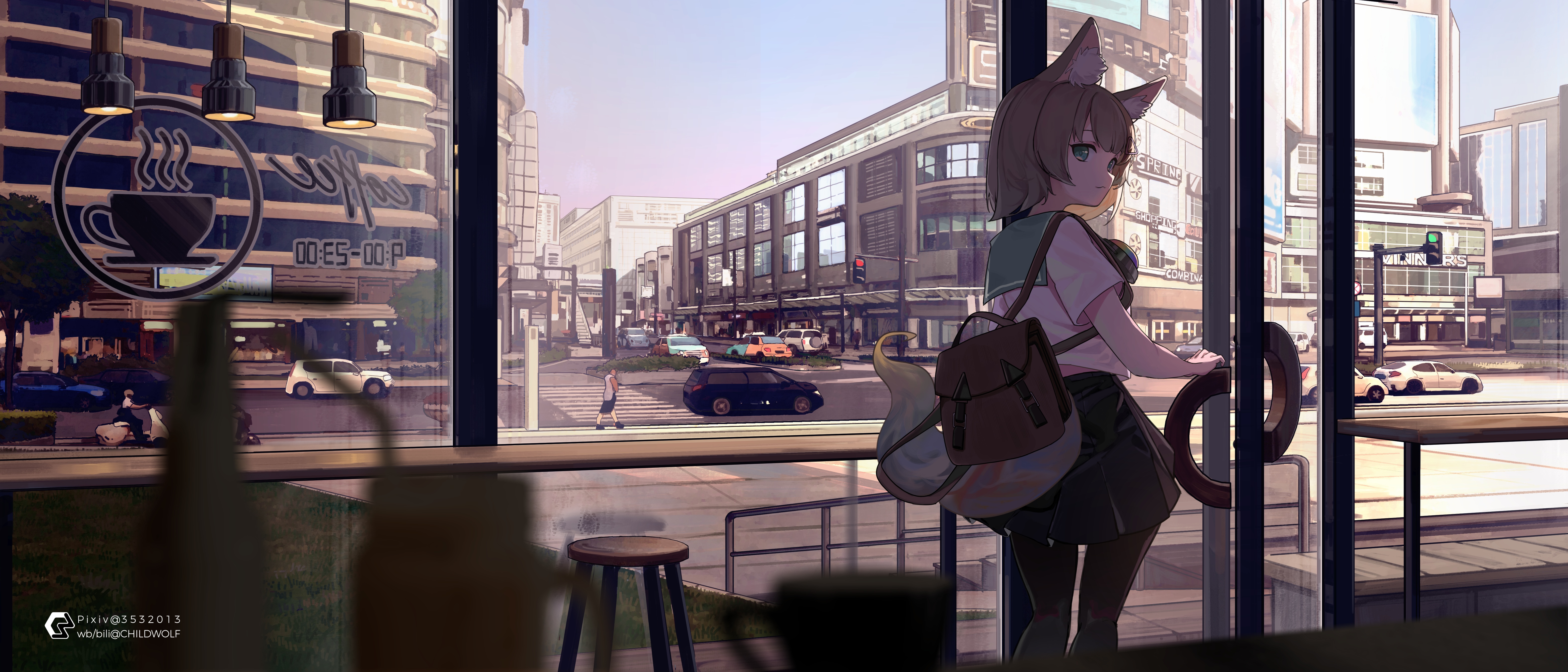 Cat girl in a coffee house looking out a window HD Wallpaper