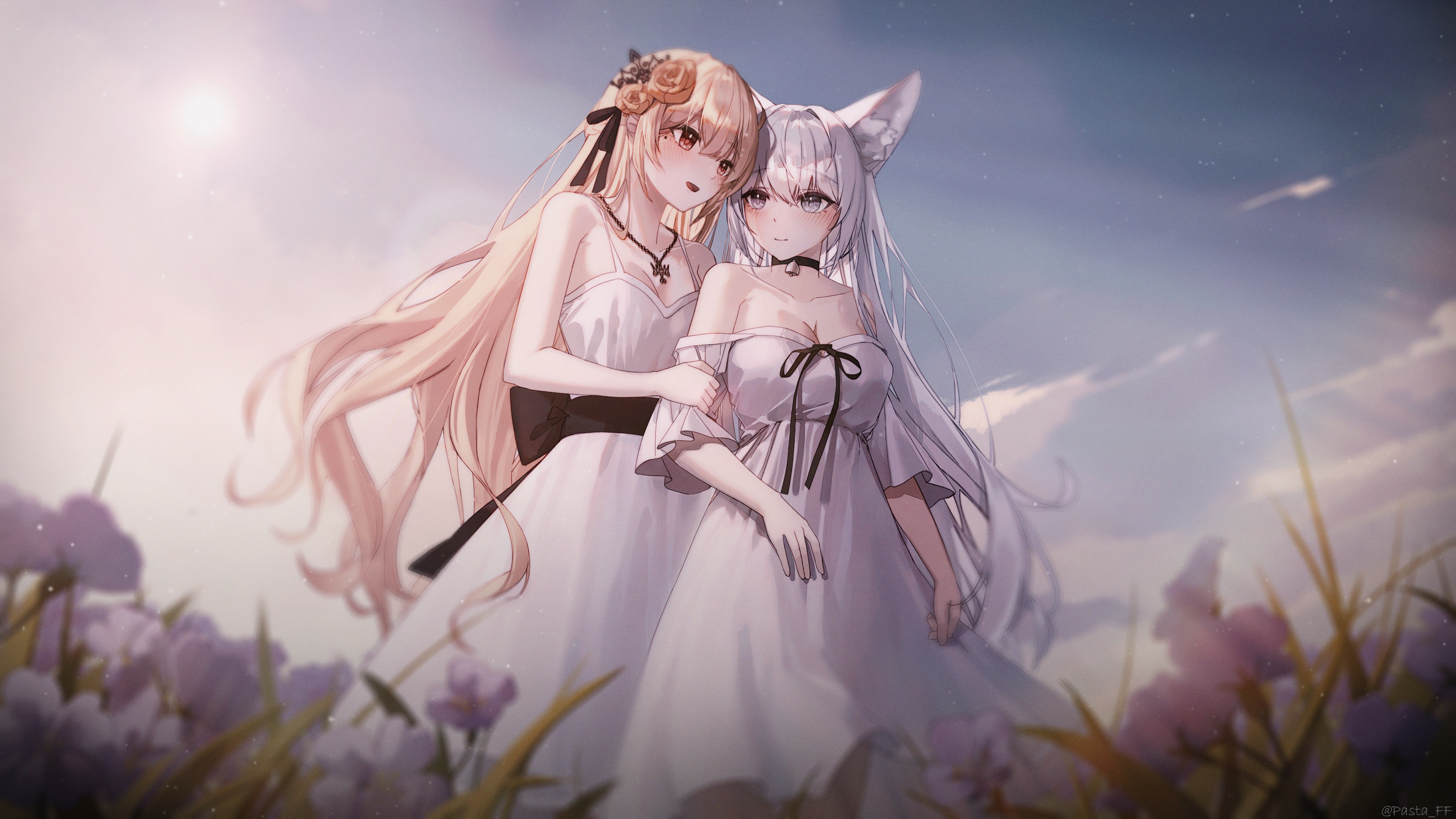 4K anime girls in white dresses with fox ears HD Wallpaper