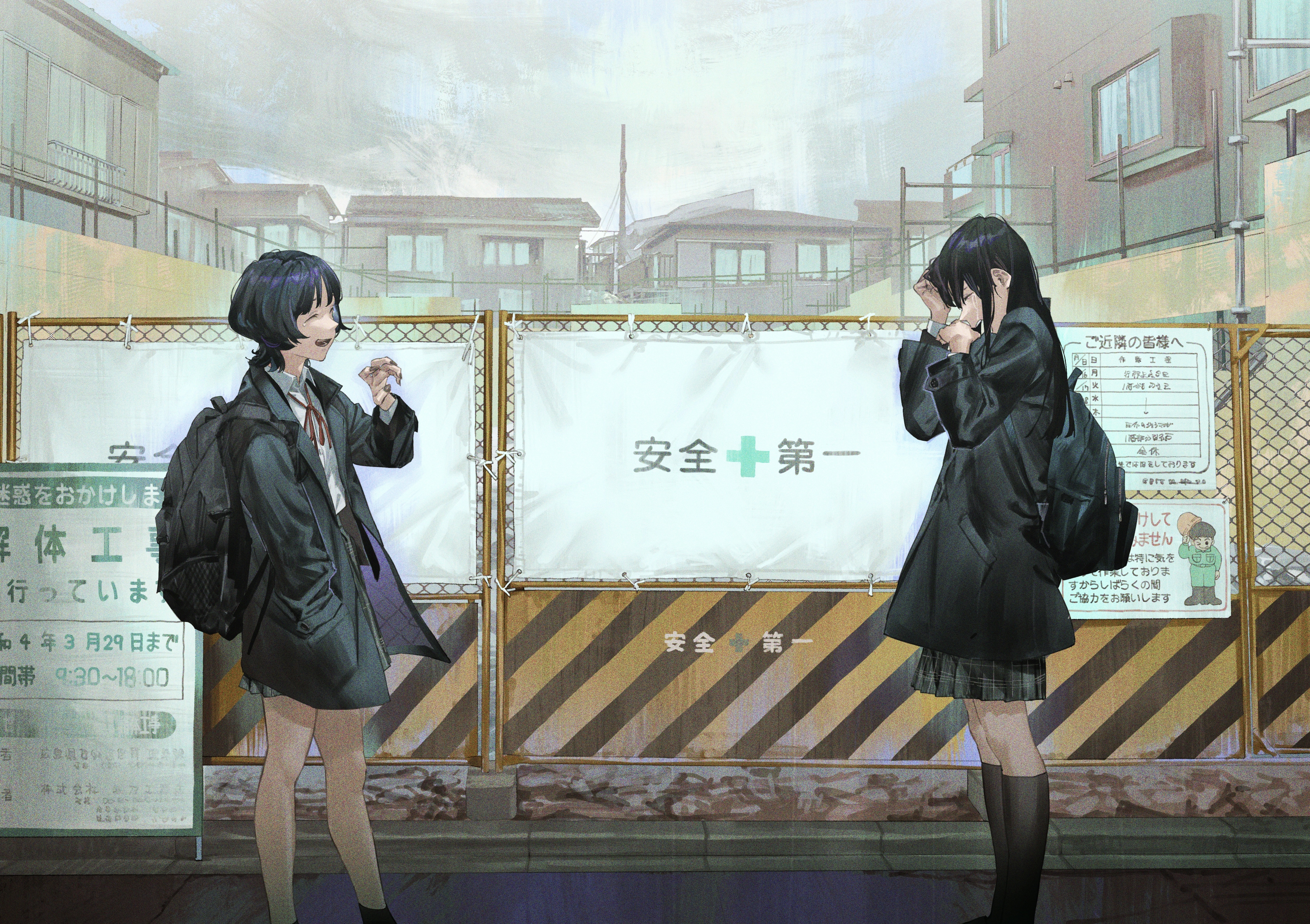 Two schoolgirls in front of a construction fence HD Wallpaper