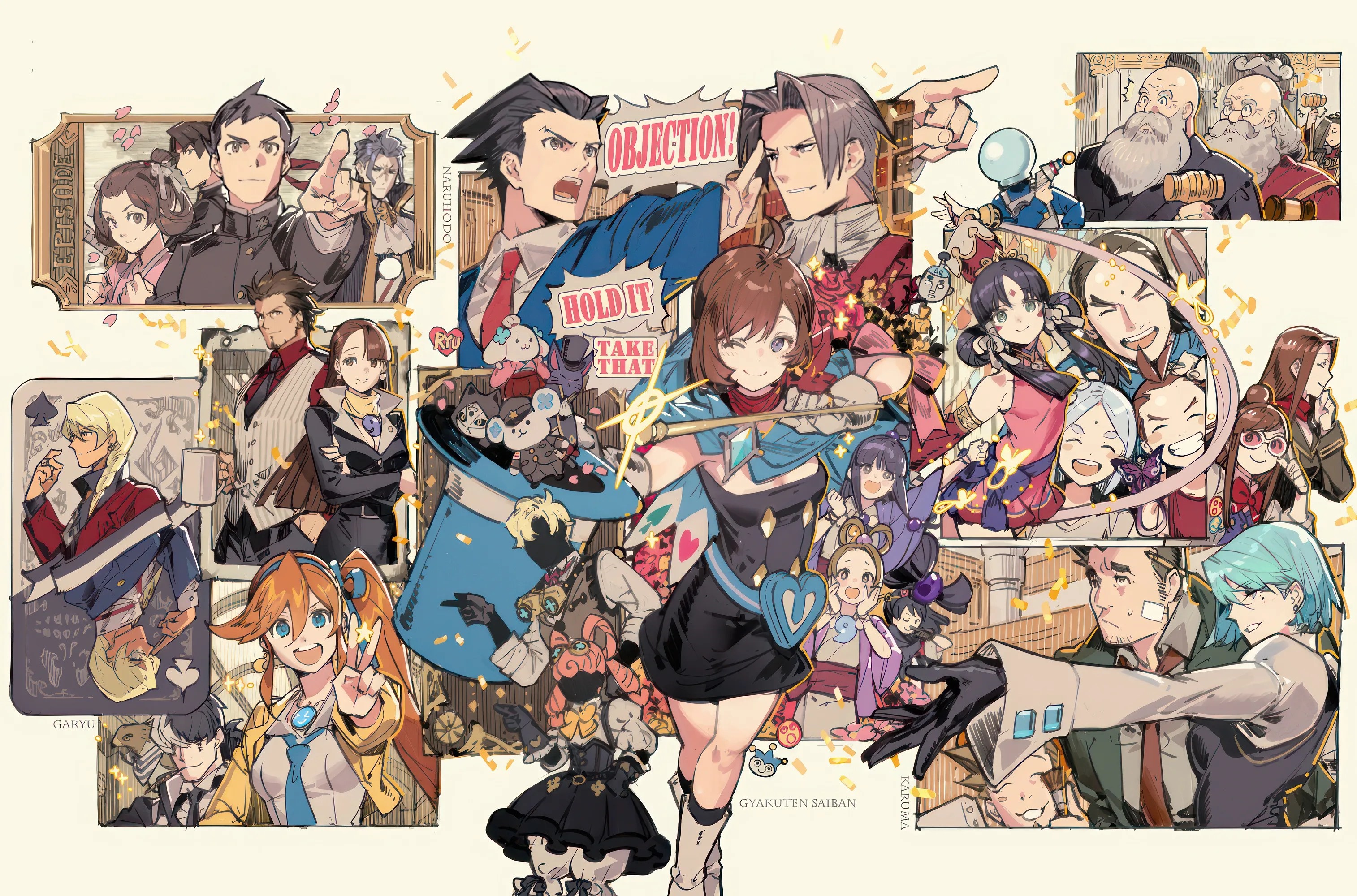 Ace Attorney characters in a celebratory illustration HD Wallpaper