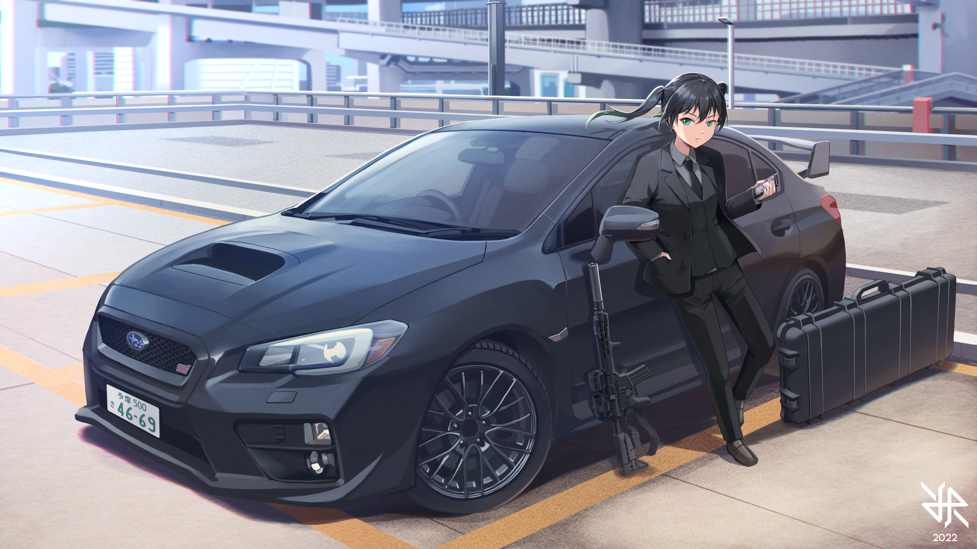 Girl in suit with Subaru WRX STI and rifle HD Wallpaper