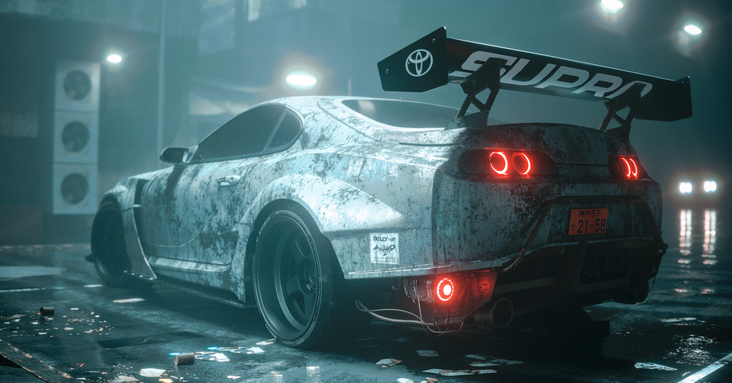 Dirty Toyota Supra with large rear spoiler HD Wallpaper