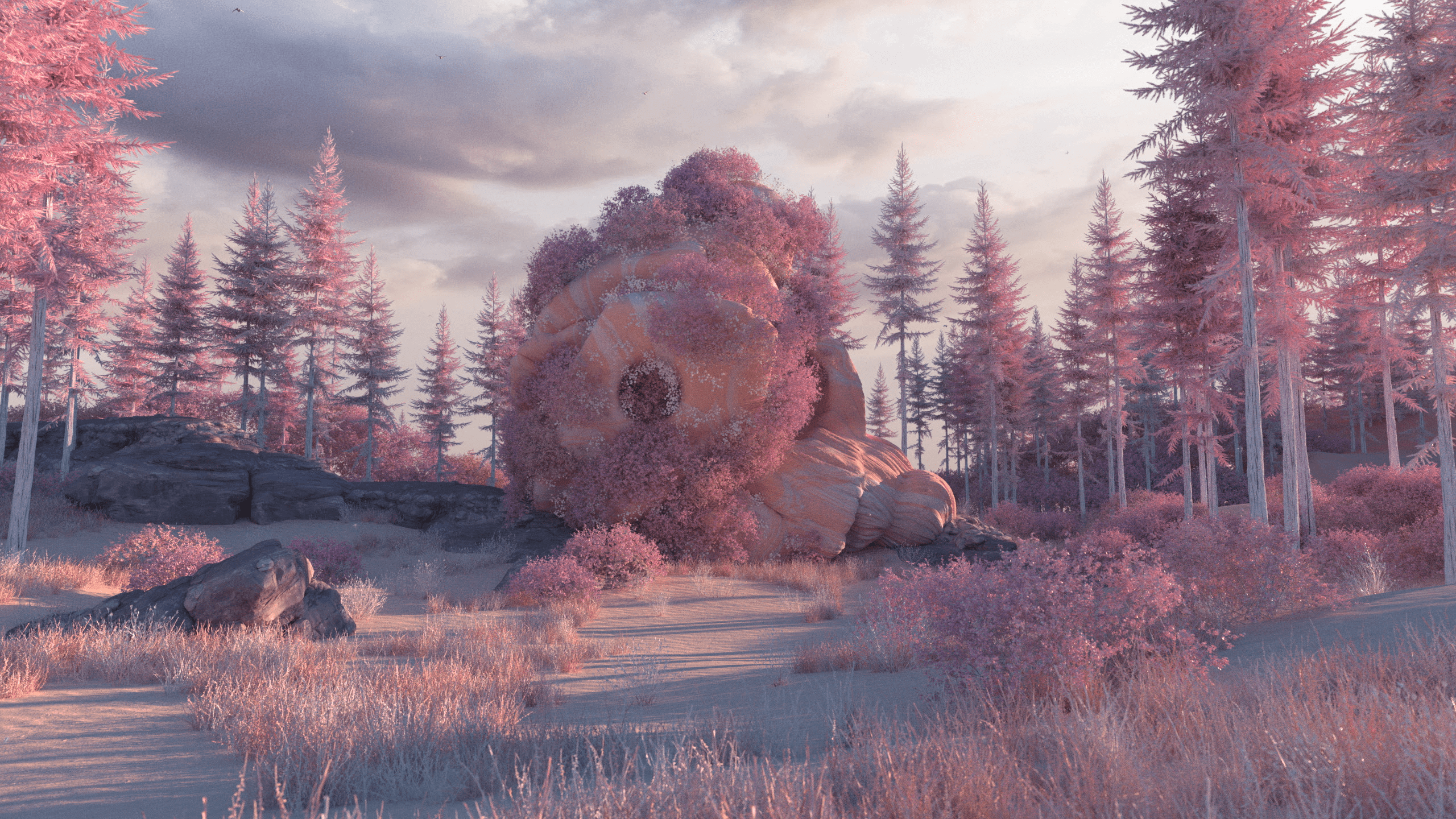 3D abstract trees and rocks in a surreal landscape HD Wallpaper
