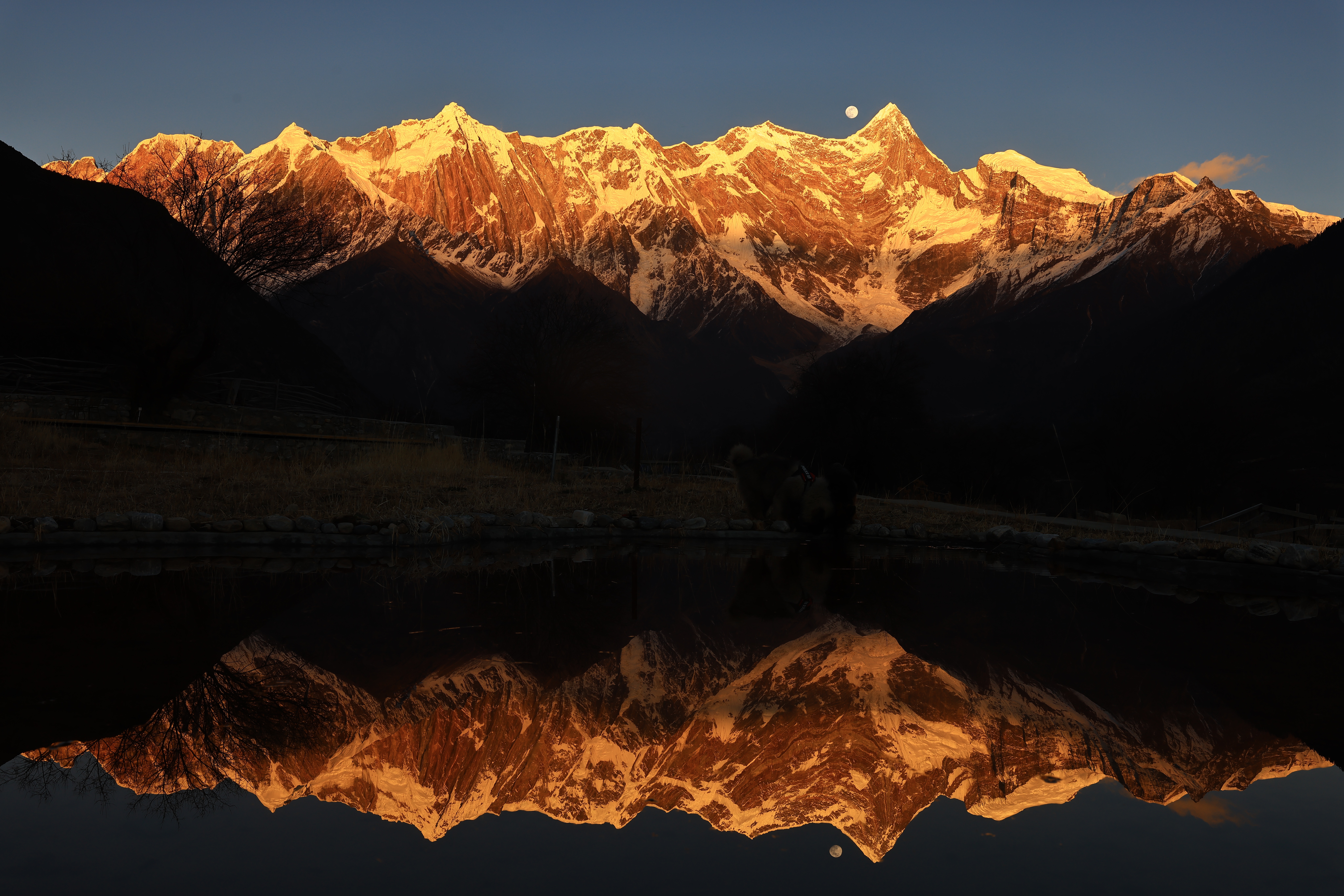 Snowy Peaks in Tibet Reflecting in Water at Sunset HD Wallpaper