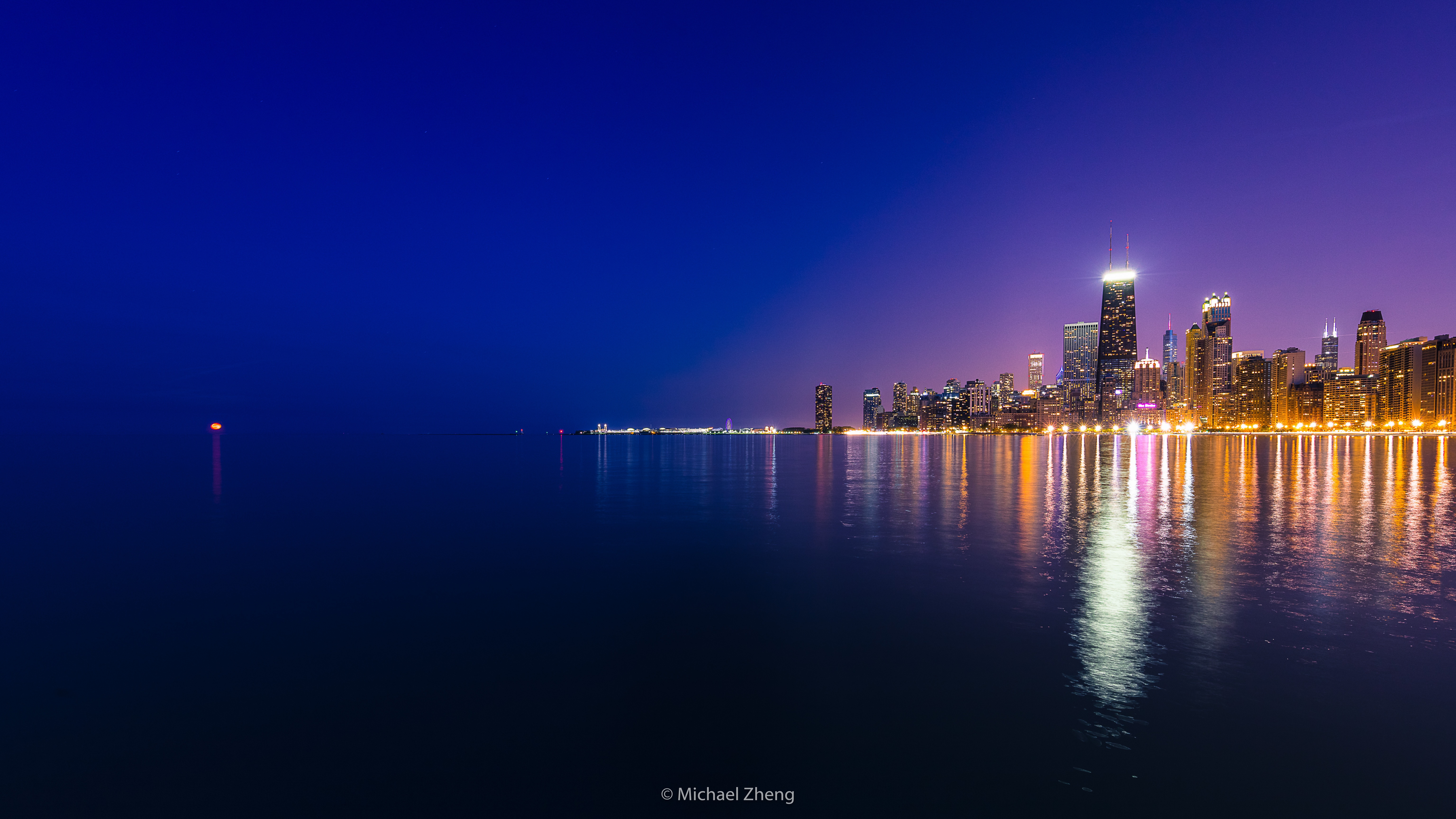 Chicago skyline at night with water reflection HD Wallpaper
