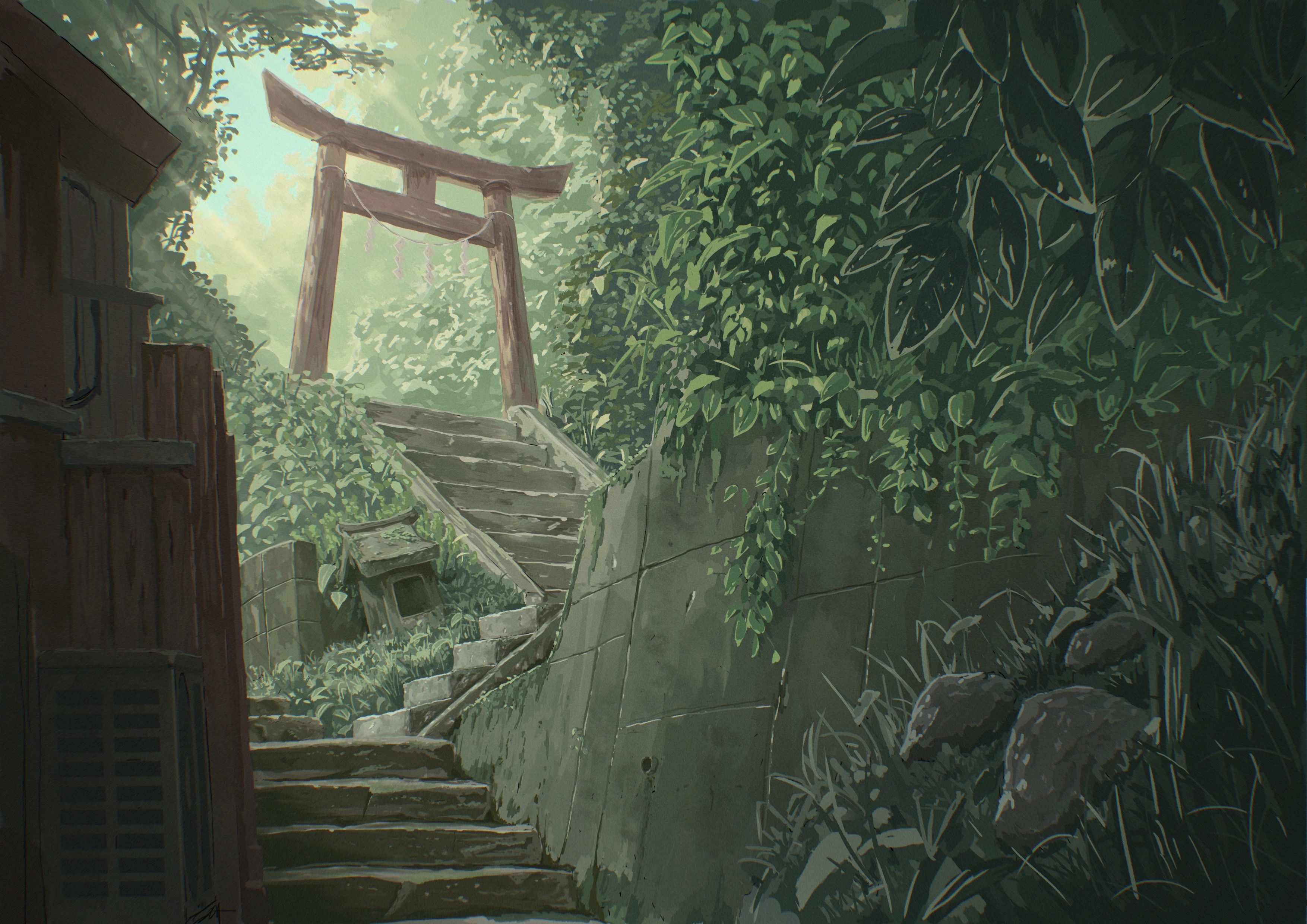 Torii gate and stairs overgrown with plants in Japan HD Wallpaper