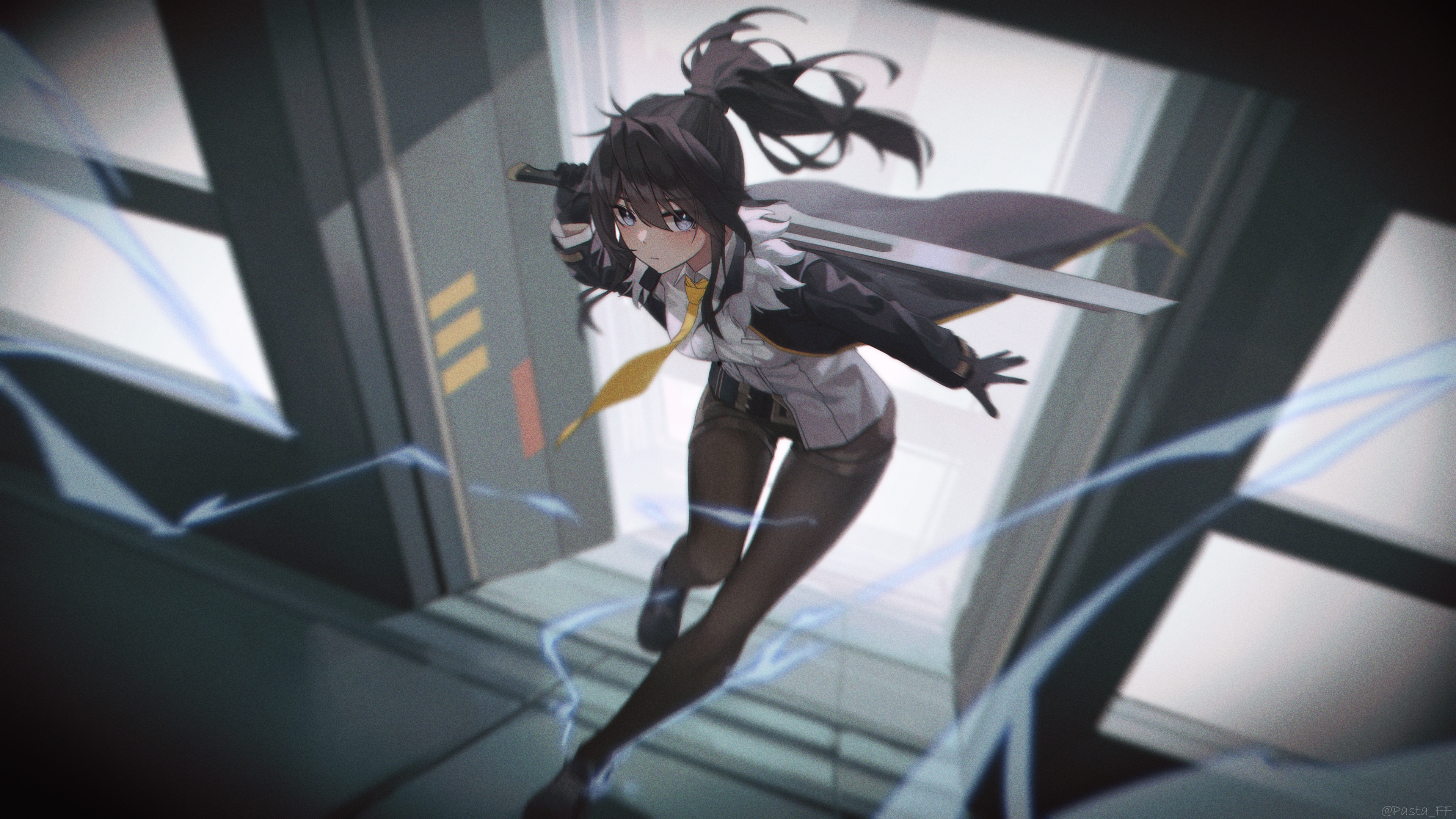 Girl with ponytail running with a sword HD Wallpaper