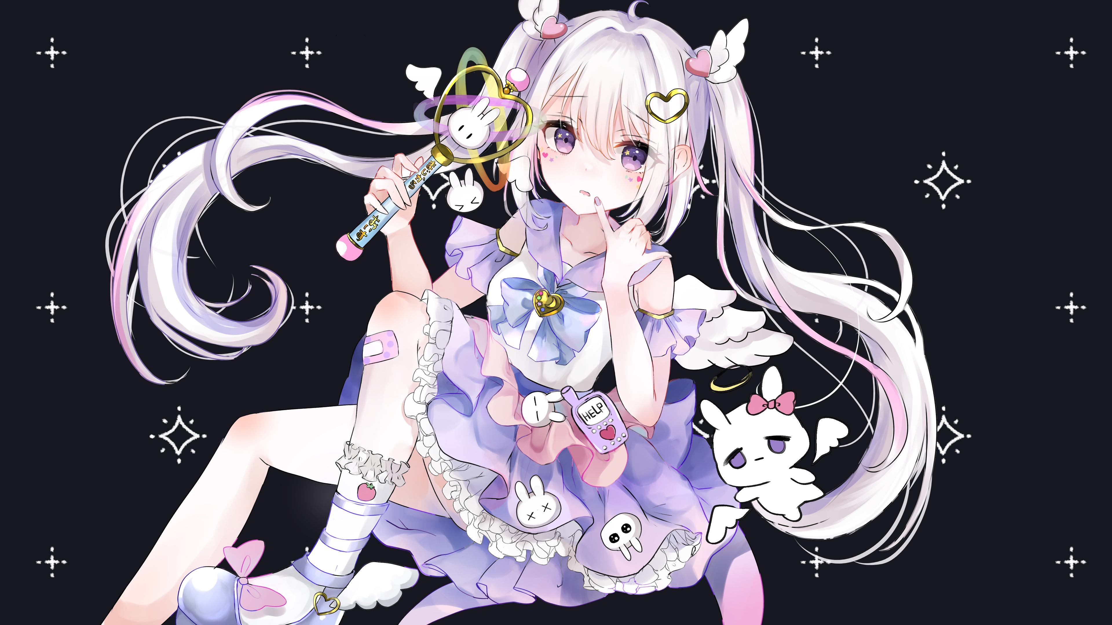 Anime girl with wings and magic wand on black background HD Wallpaper