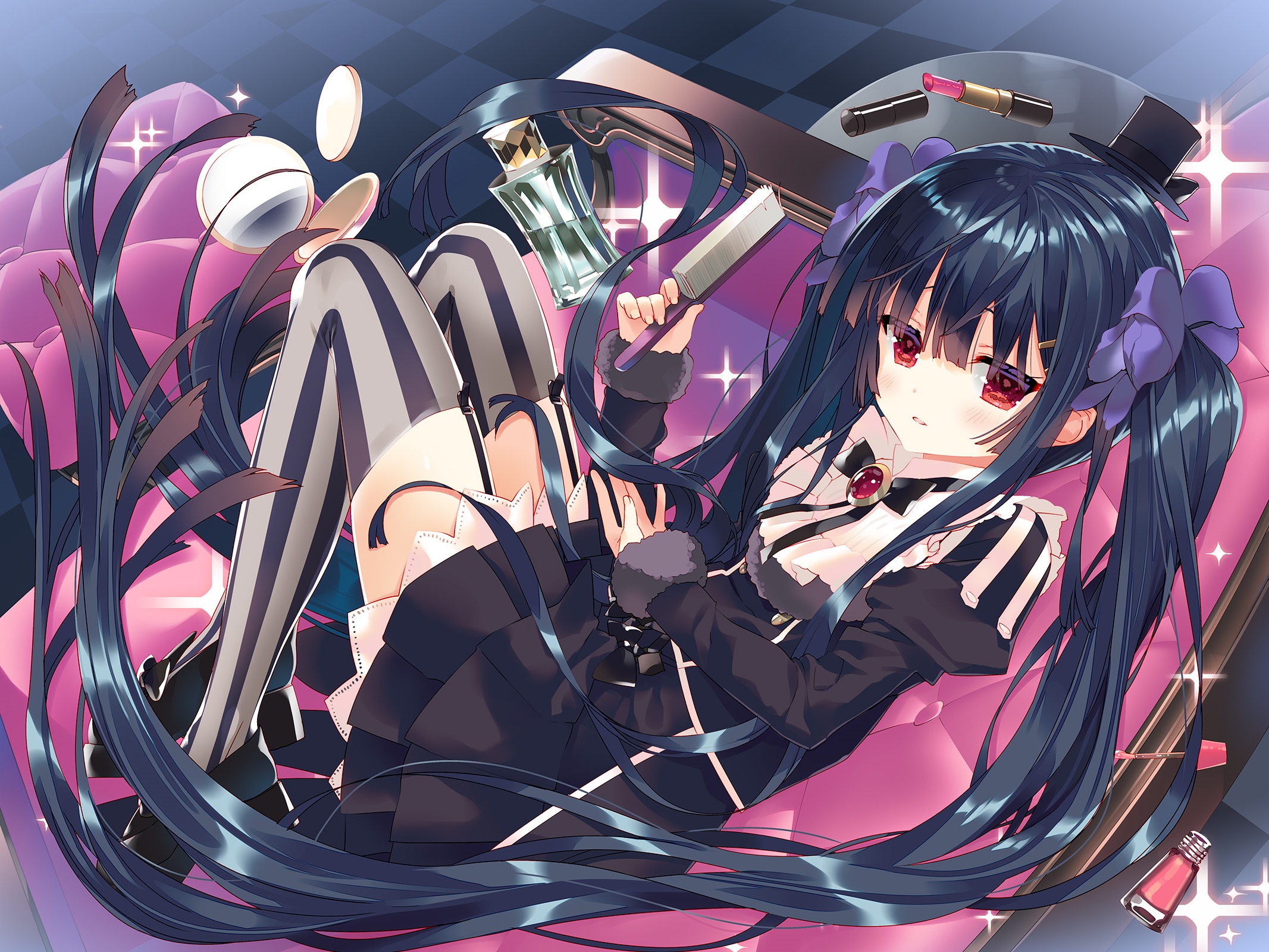 Girl with twintails and red eyes applying makeup HD Wallpaper