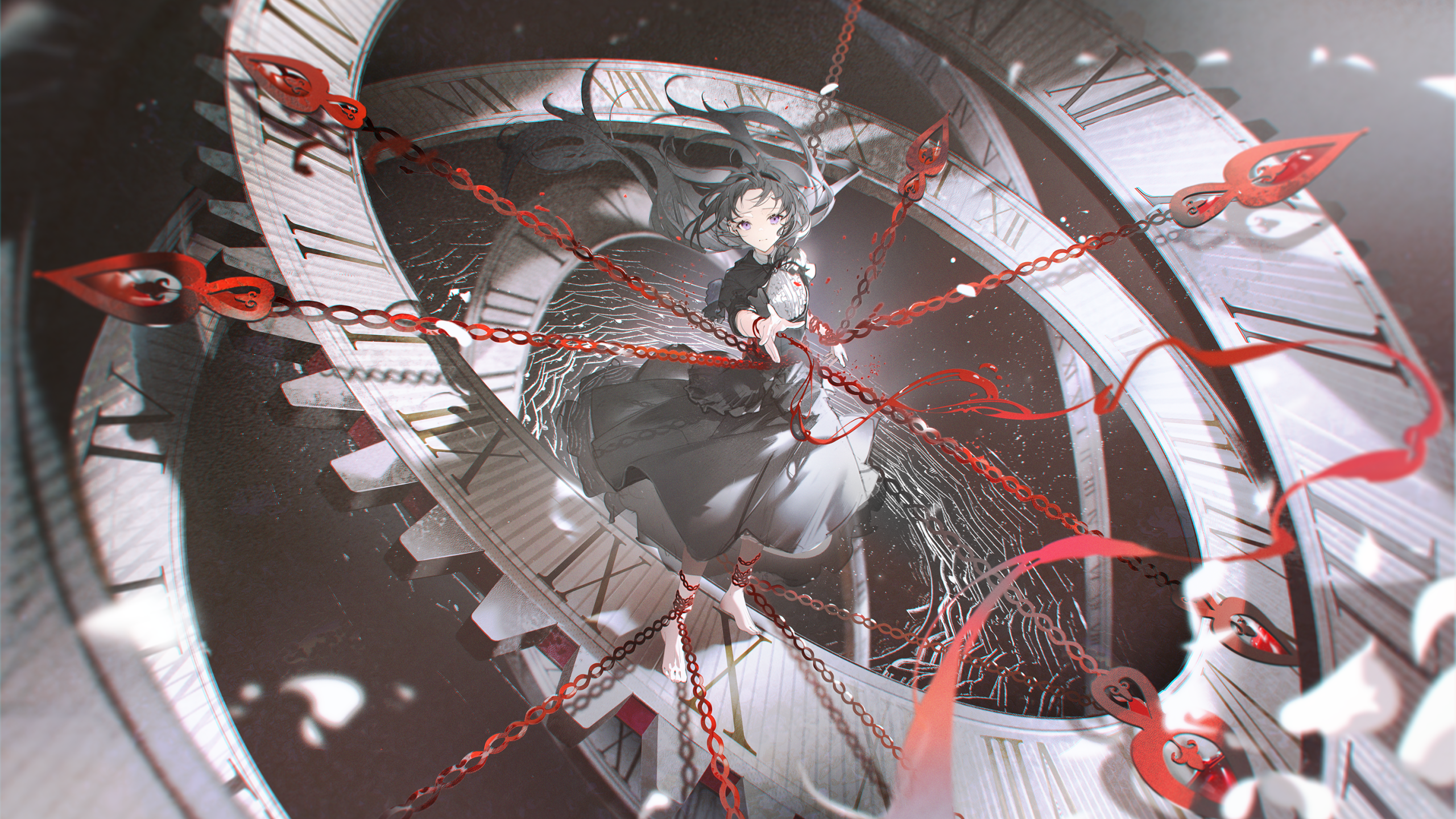 Anime girl with purple hair and chains around clocks HD Wallpaper