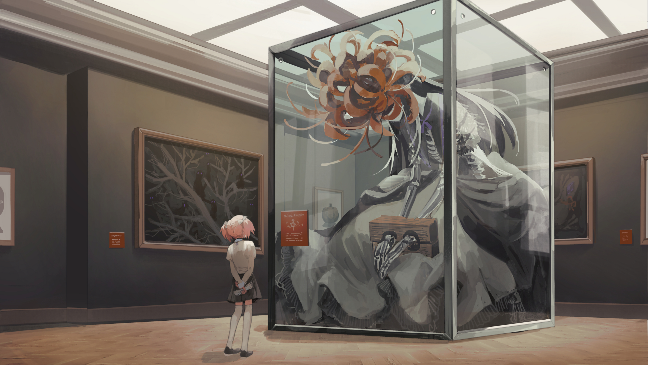 Kaname Madoka in a museum exhibit with a giant skeleton HD Wallpaper