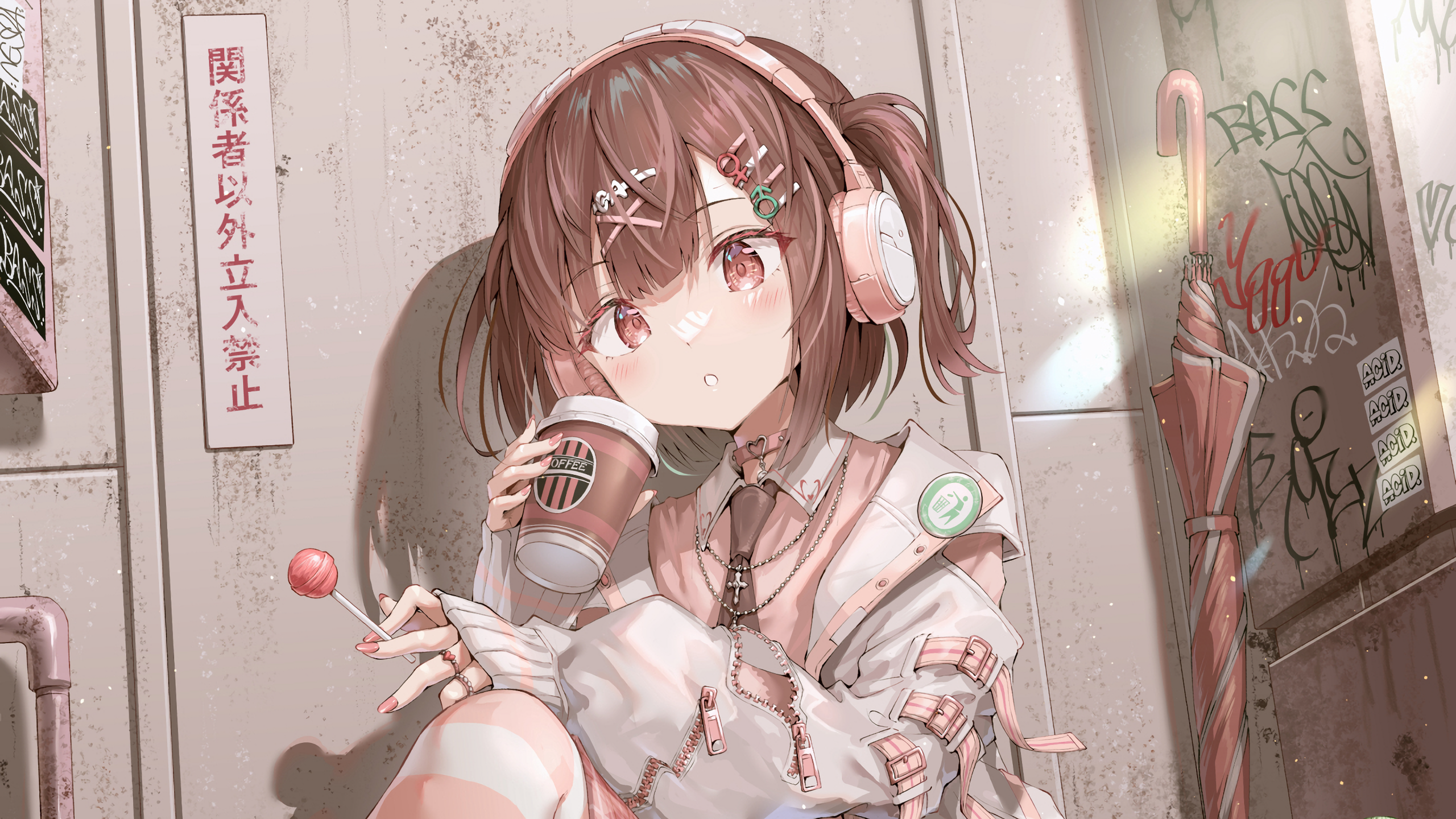Girl with headphones and lollipop holding coffee HD Wallpaper