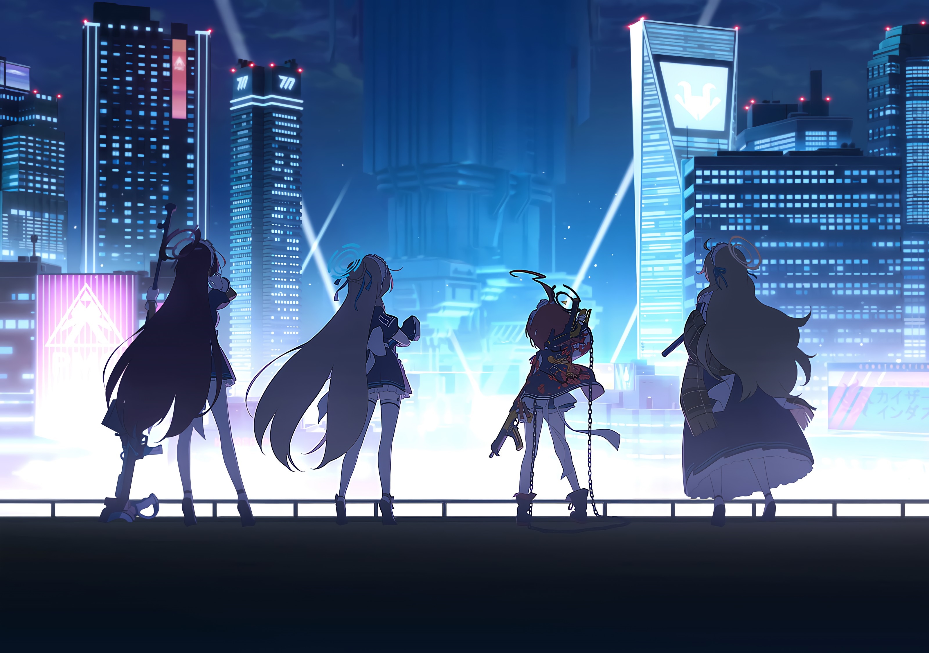 Blue Archive Girls with Guns in a Neon City at Night HD Wallpaper