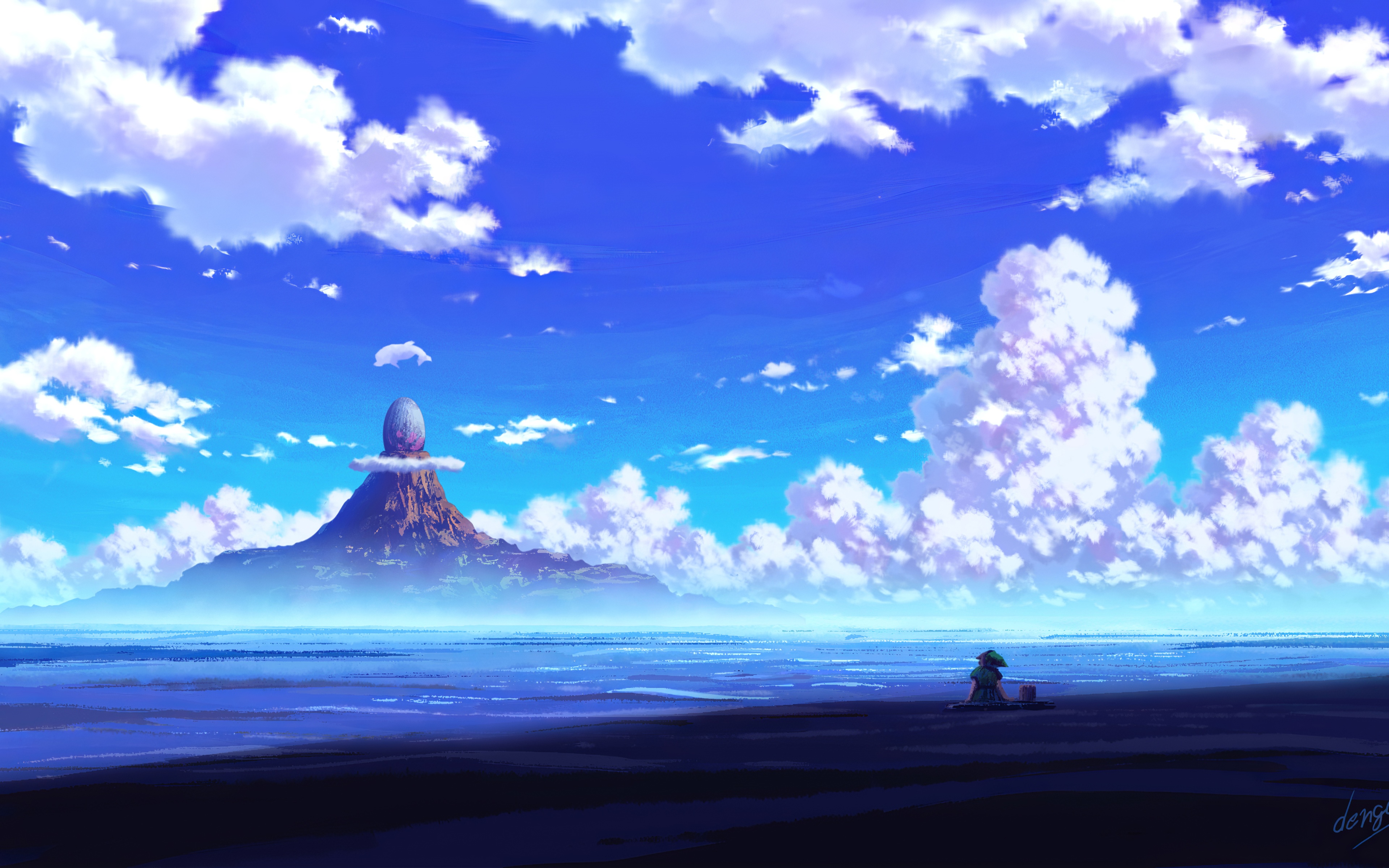 4K anime landscape with a mountain and egg HD Wallpaper