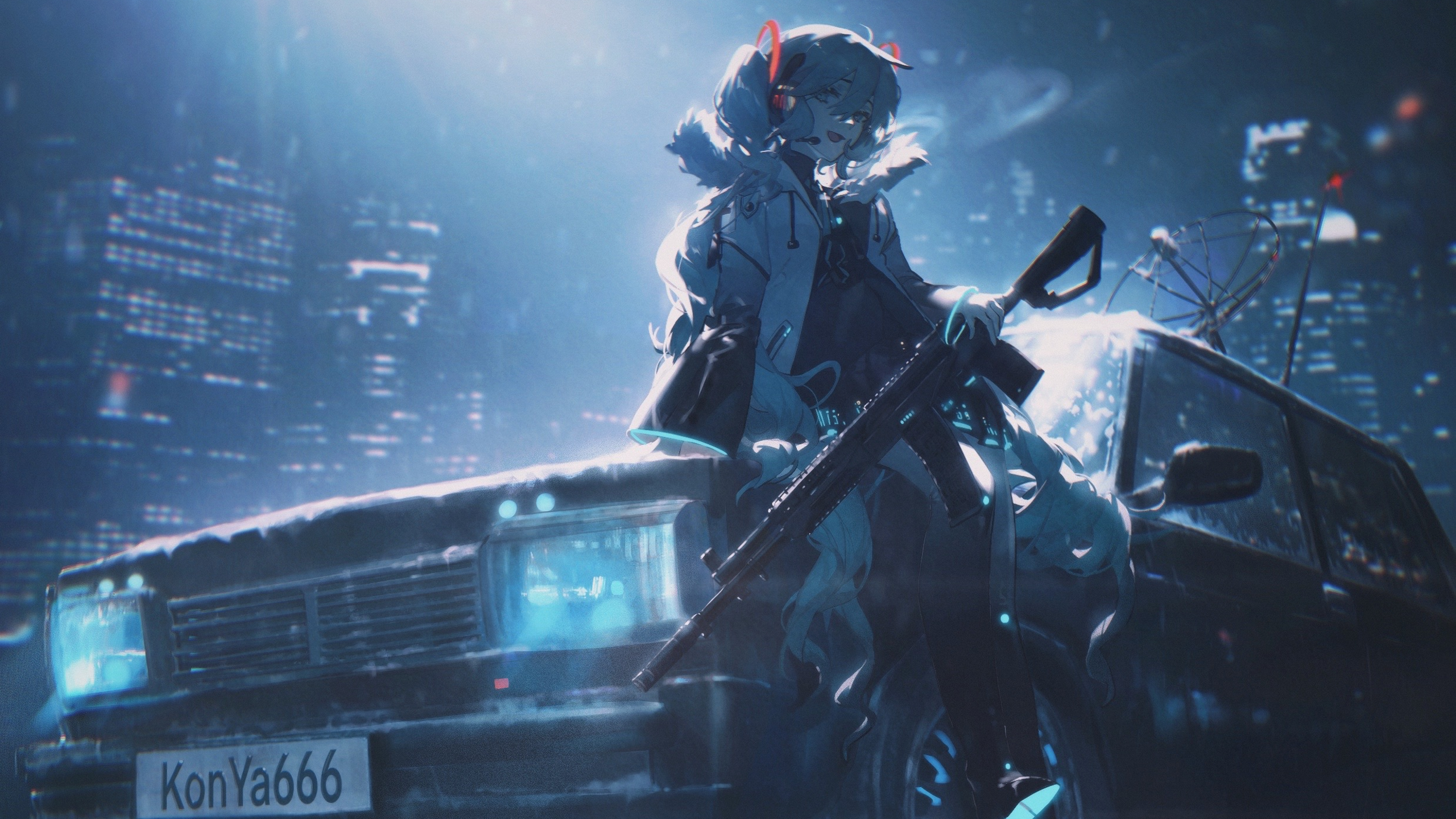 Girl with gun leaning on a car in a snowy city at night HD Wallpaper