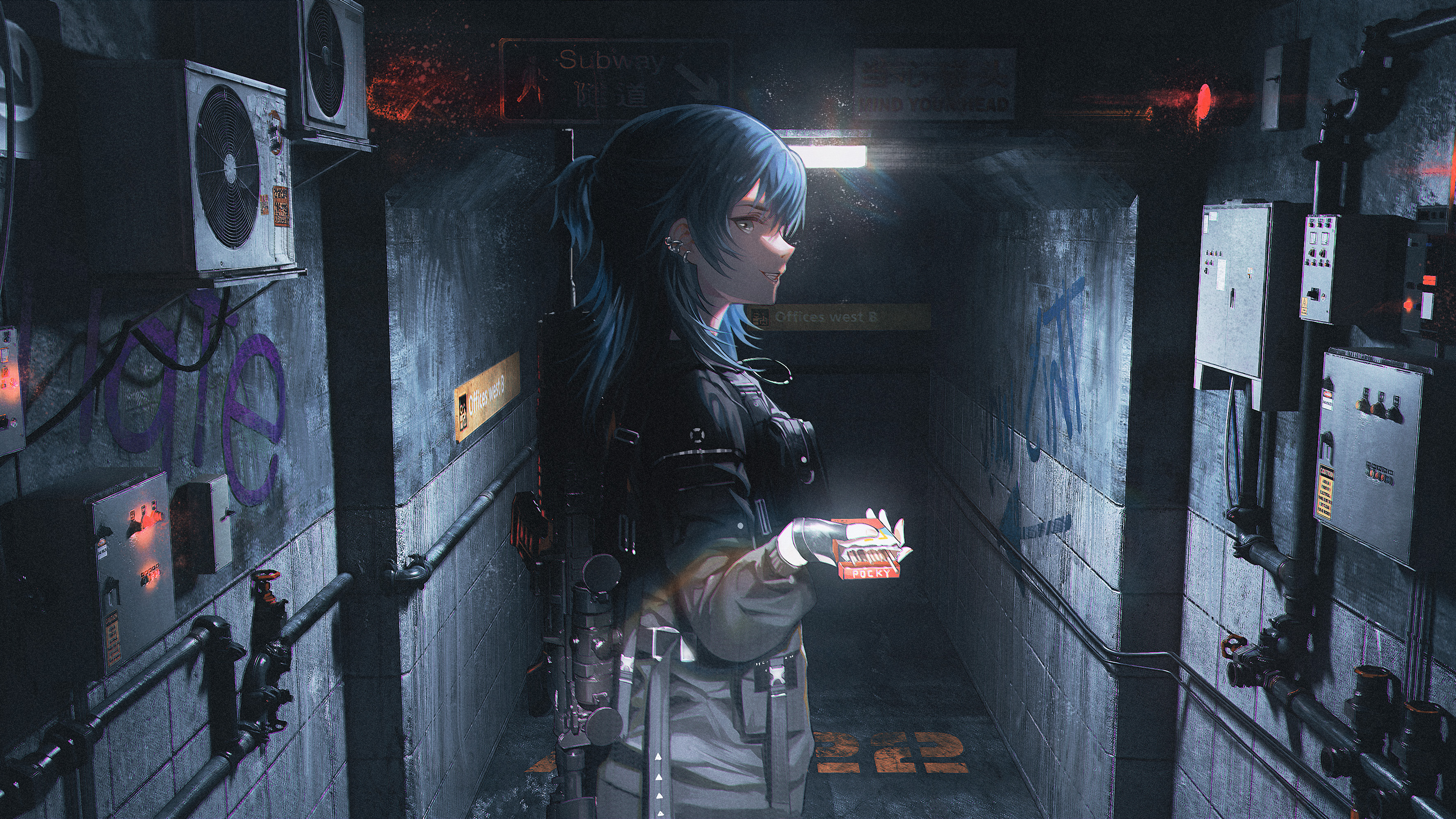 Anime girl with blue hair holding Pocky in subway HD Wallpaper