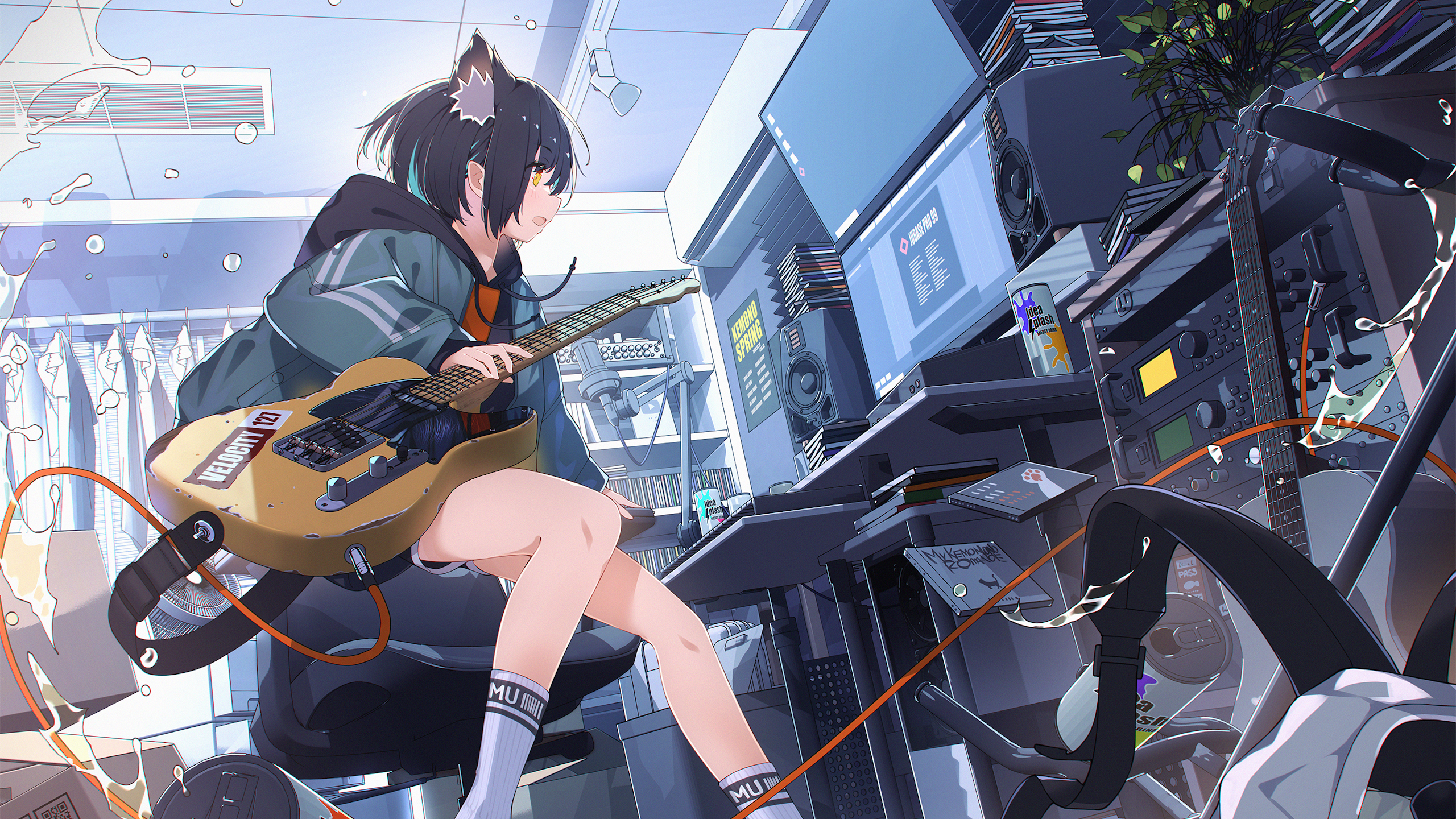 Anime cat girl playing a Telecaster guitar in a room HD Wallpaper