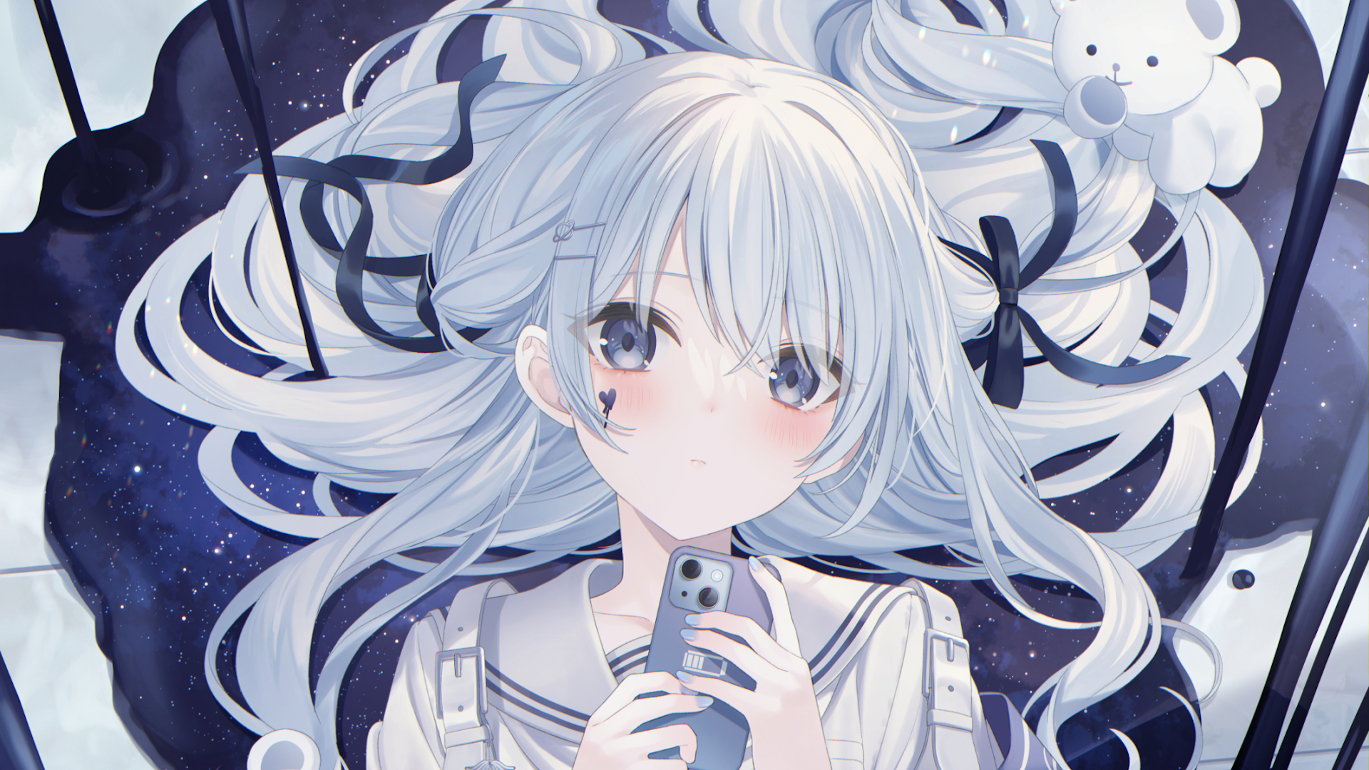 Girl with blue hair holding a smartphone HD Wallpaper