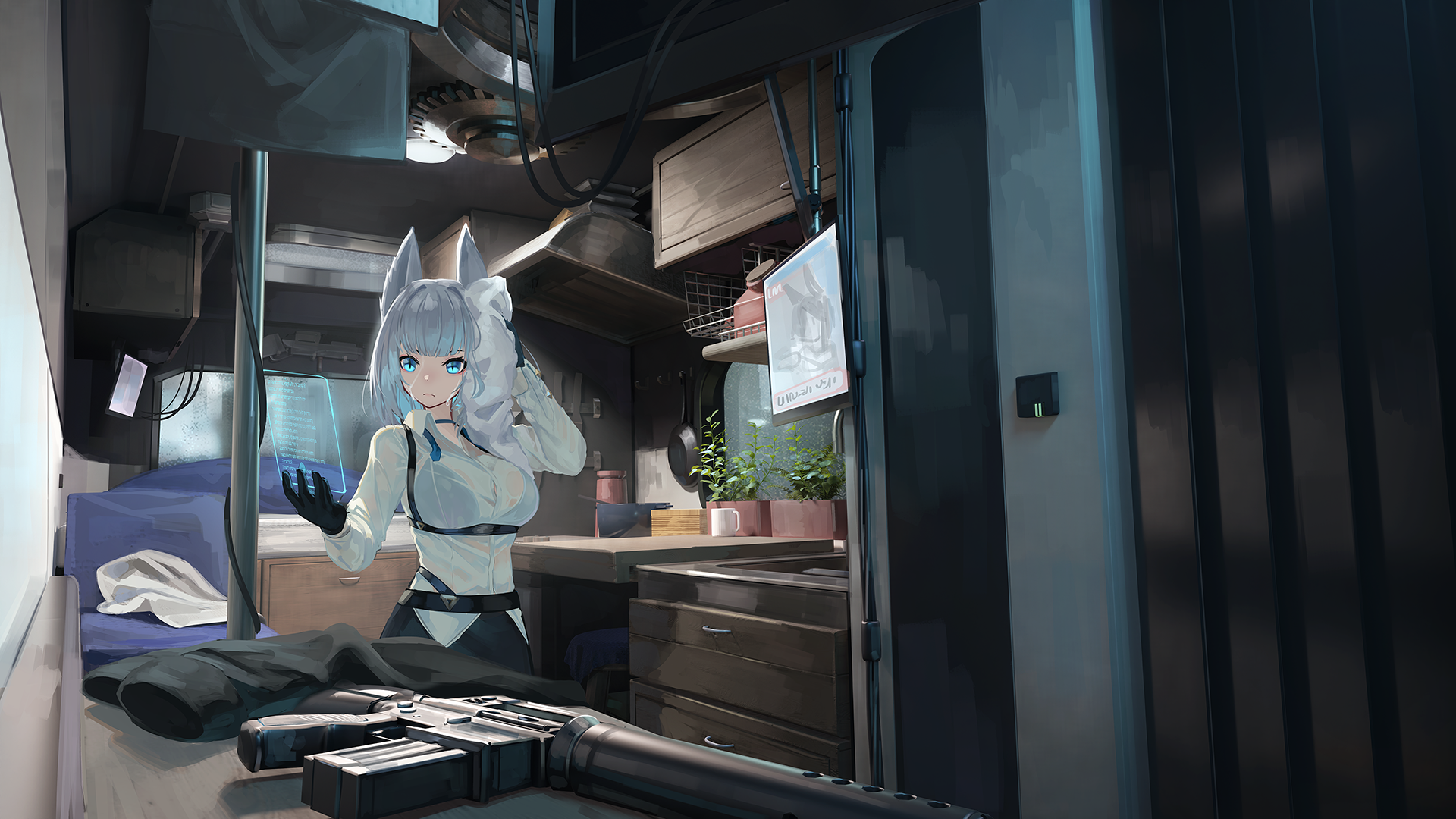 Fox girl with gun in a room HD Wallpaper