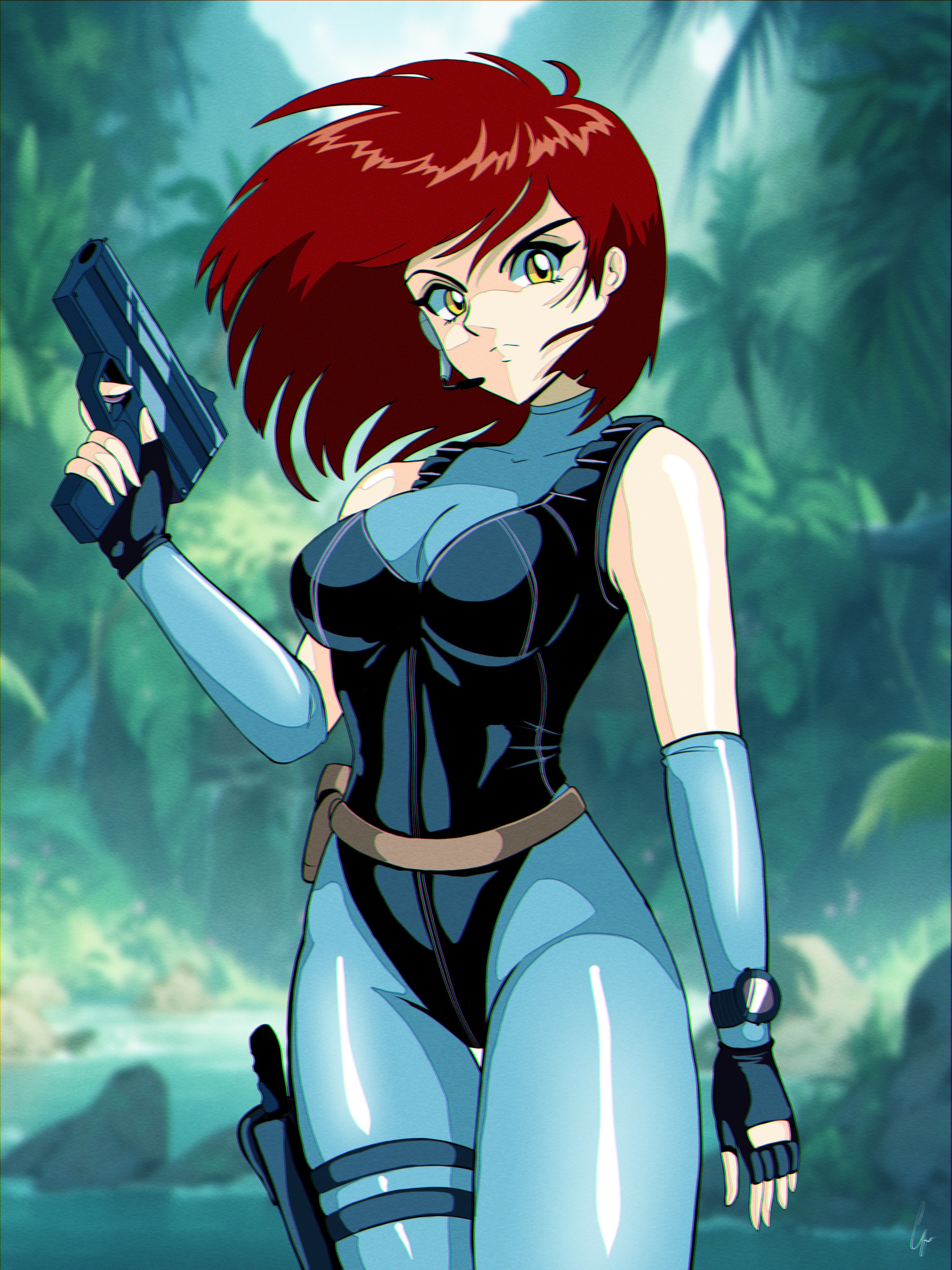Anime woman with red hair holding a pistol HD Phone Wallpaper