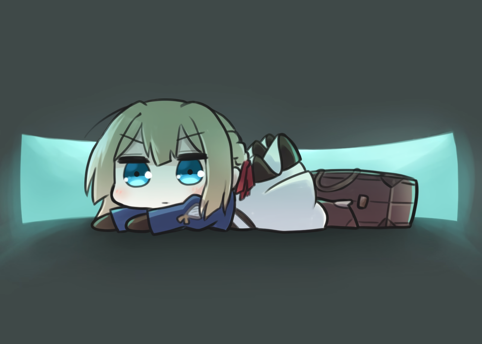 Chibi Violet Evergarden lying down with a bag HD Wallpaper