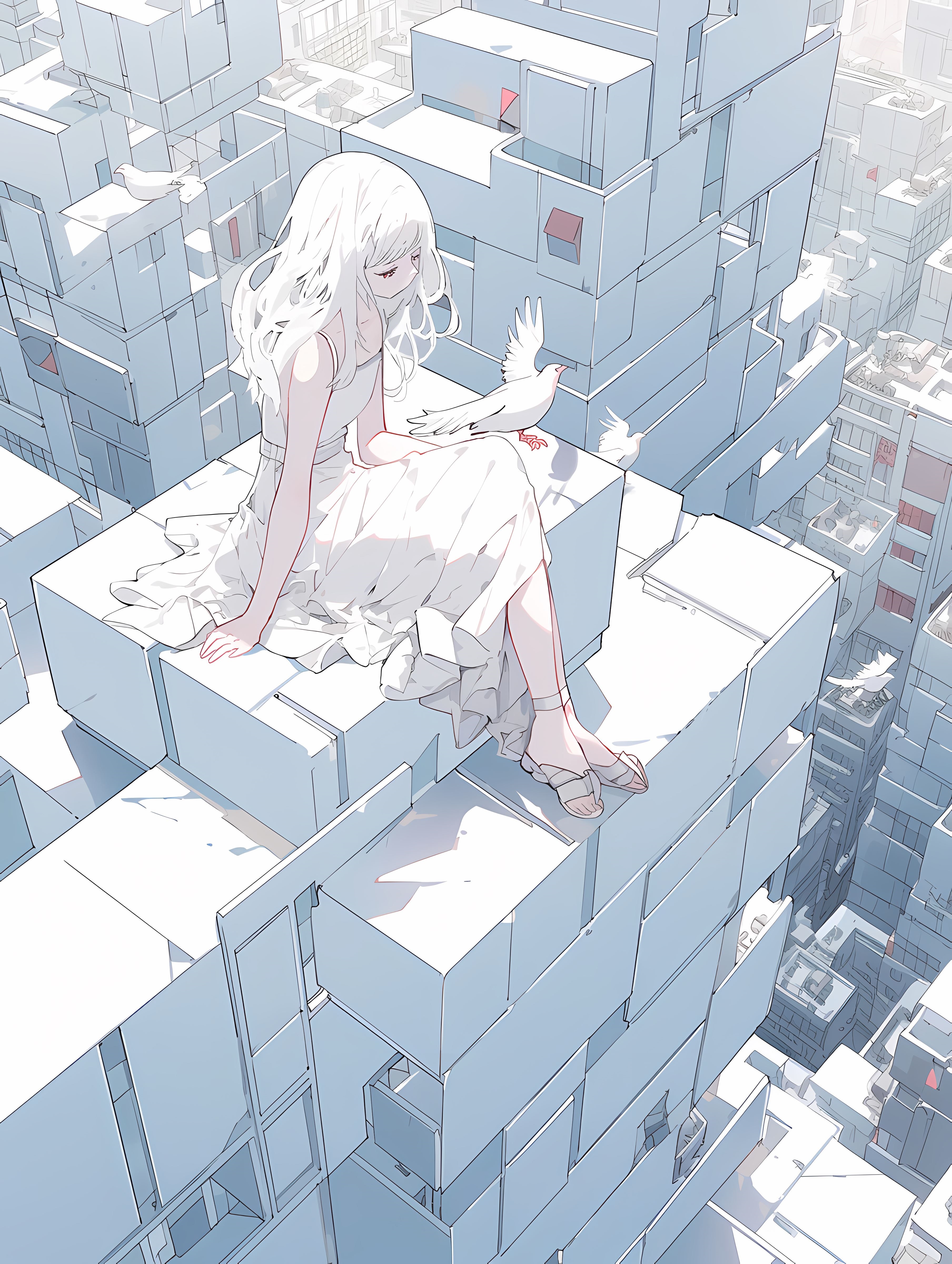 Anime girl in white dress with birds on rooftops HD Phone Wallpaper
