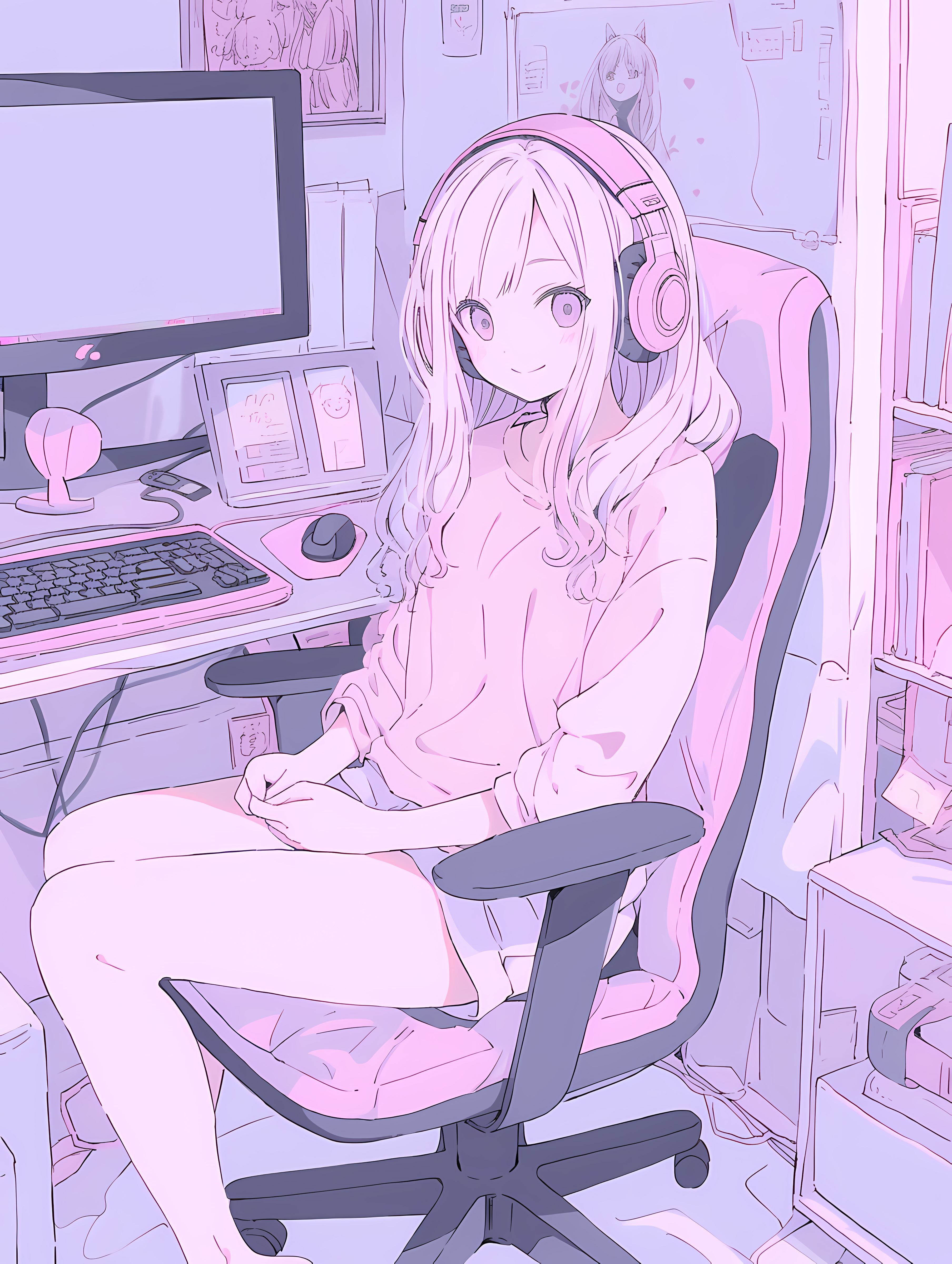 Girl with headphones sitting at a computer HD Phone Wallpaper
