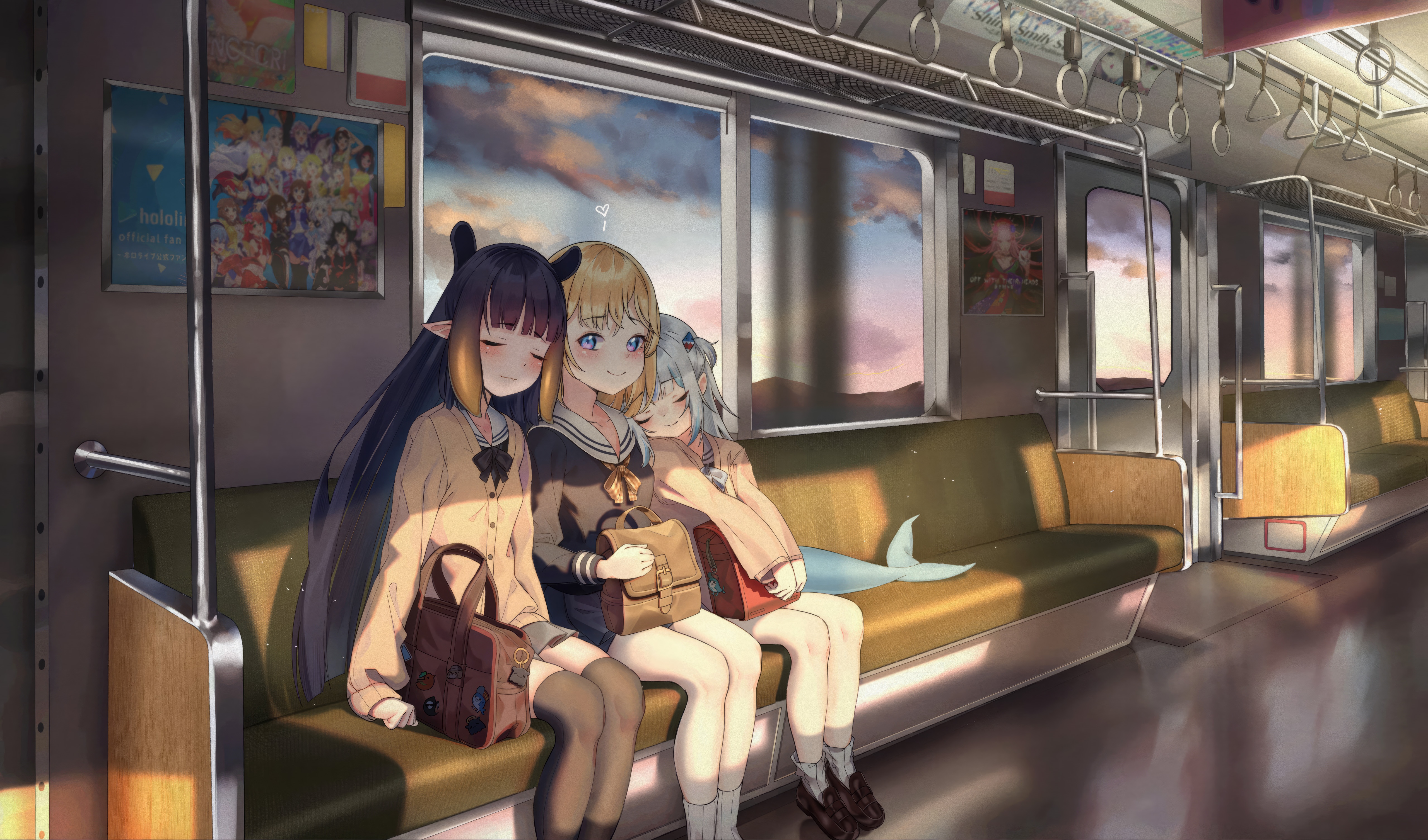 Hololive English girls on a train at sunset HD Wallpaper