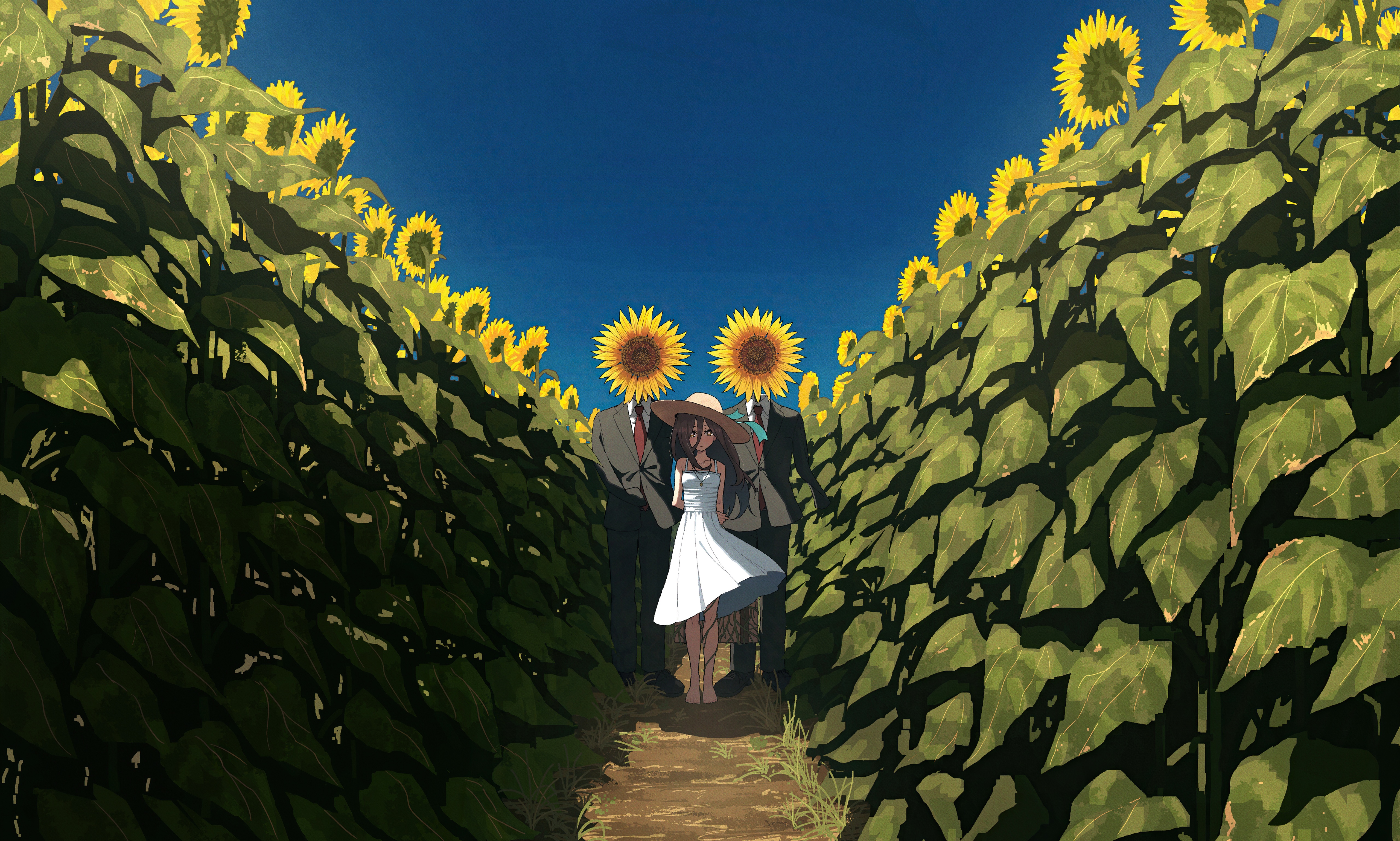 Couple in sunflower field with sunflowers for heads HD Wallpaper