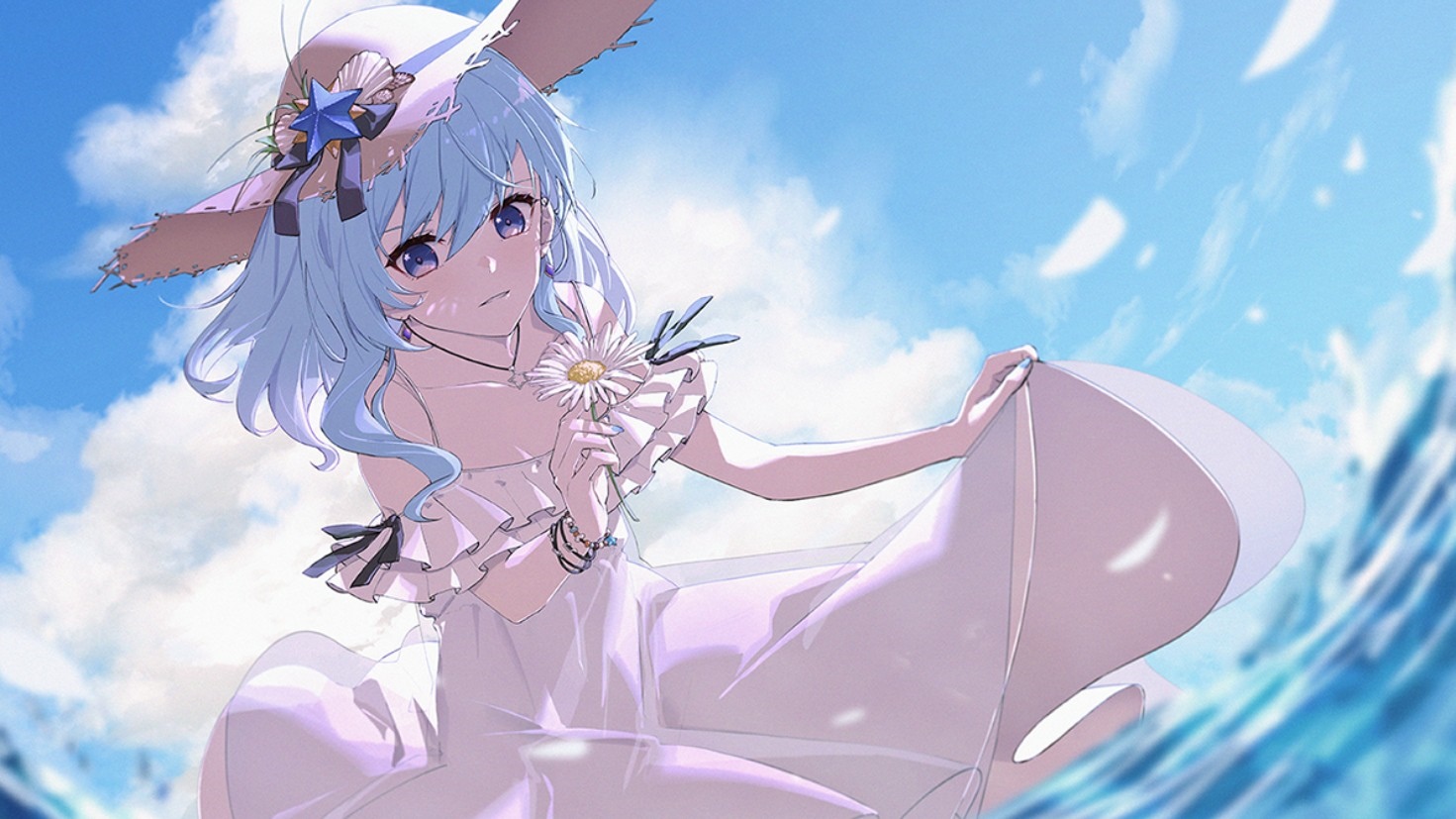 Hoshimachi Suisei holding a flower by the water HD Wallpaper