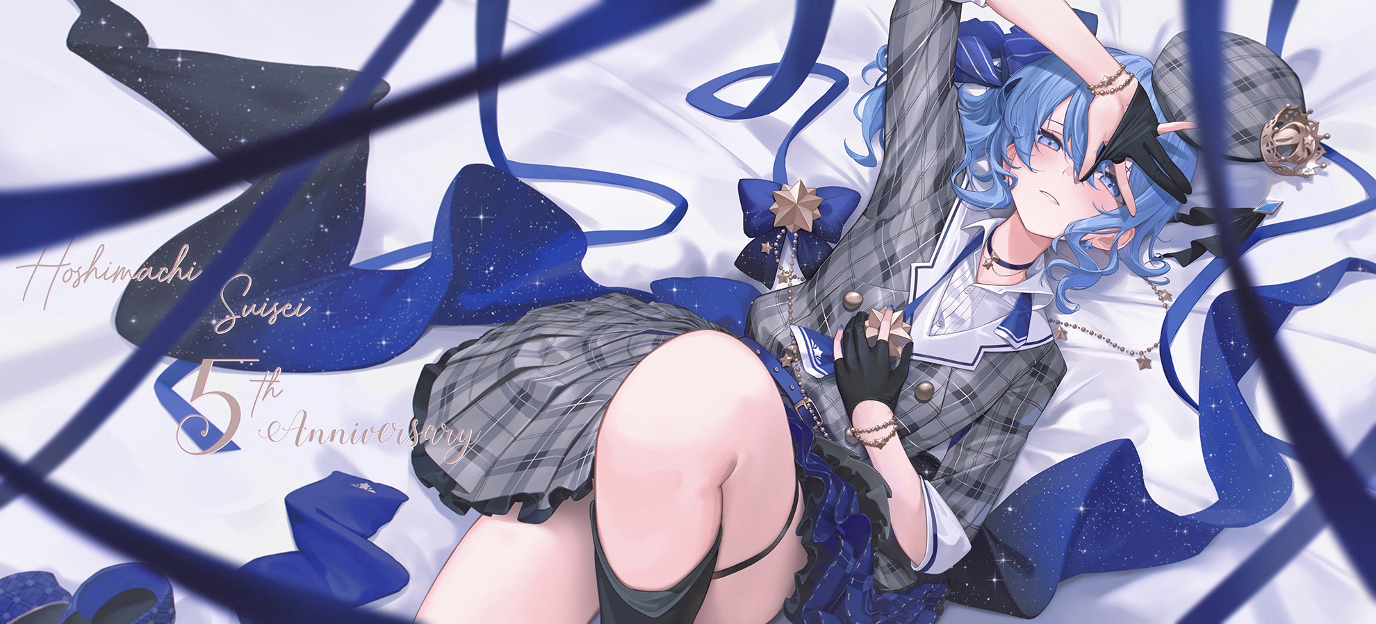 Hoshimachi Suisei 5th Anniversary with Blue Ribbons and Stars HD Wallpaper