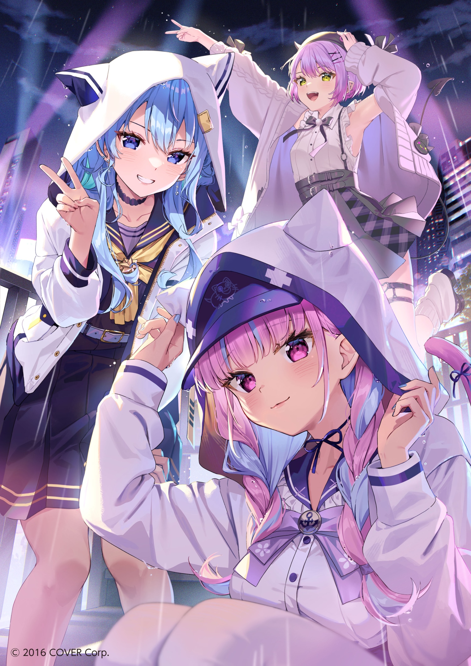 Hoshimachi Suisei, Minato Aqua, and Tokoyami Towa in the Rain HD Phone Wallpaper