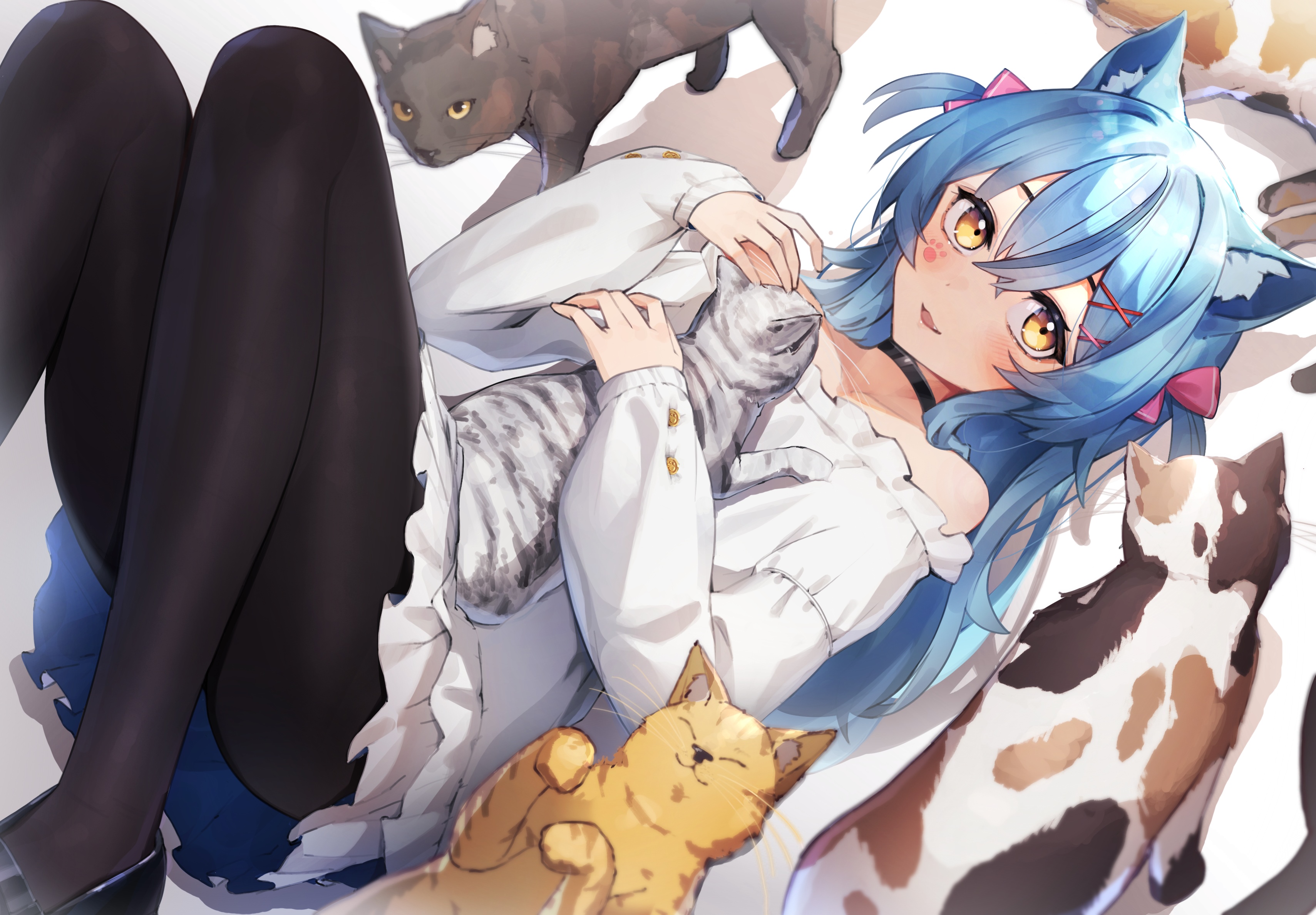 Anime cat girl with blue hair and yellow eyes surrounded by cats HD Wallpaper