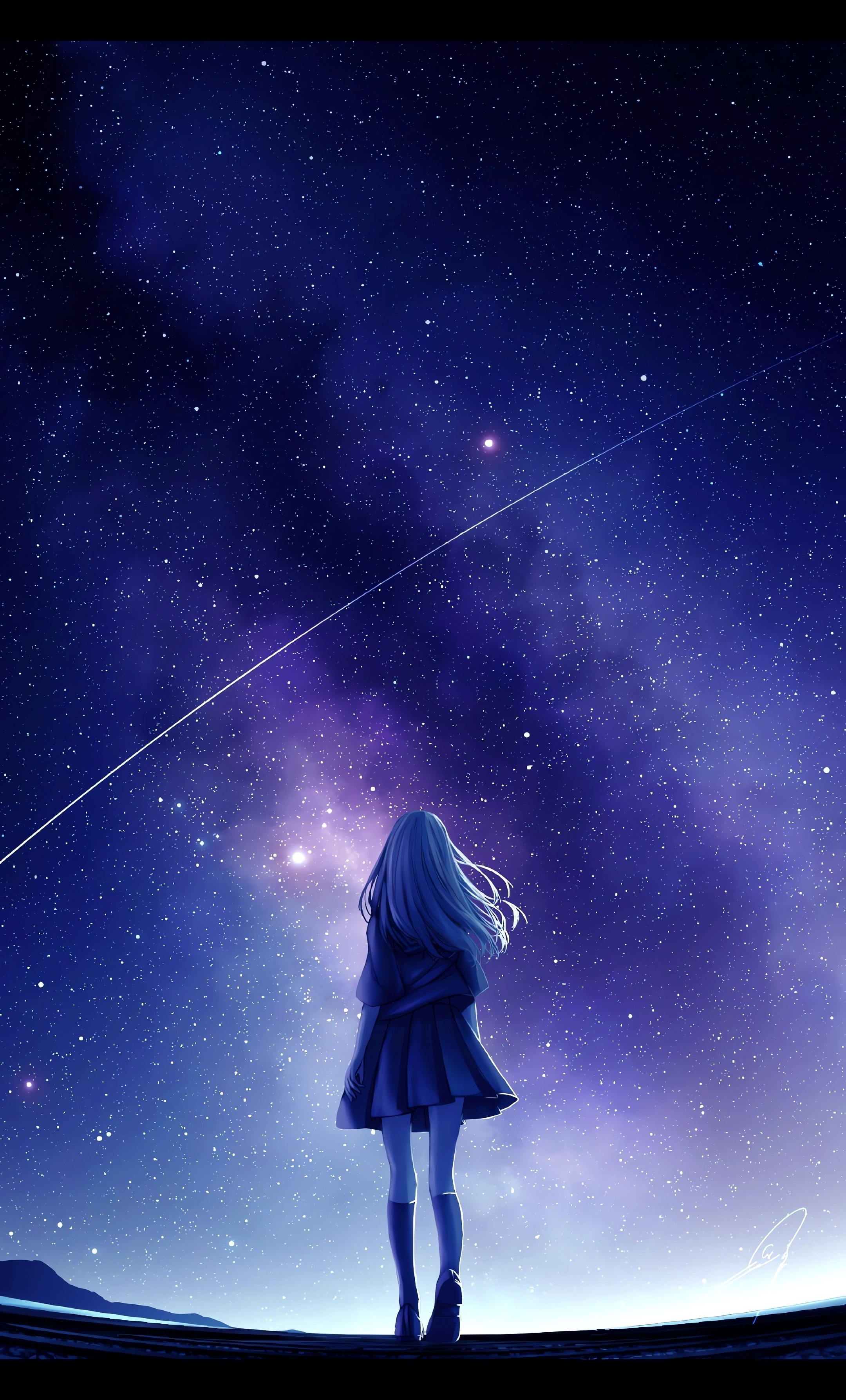 Anime girl standing under a starry night sky HD Phone Wallpaper