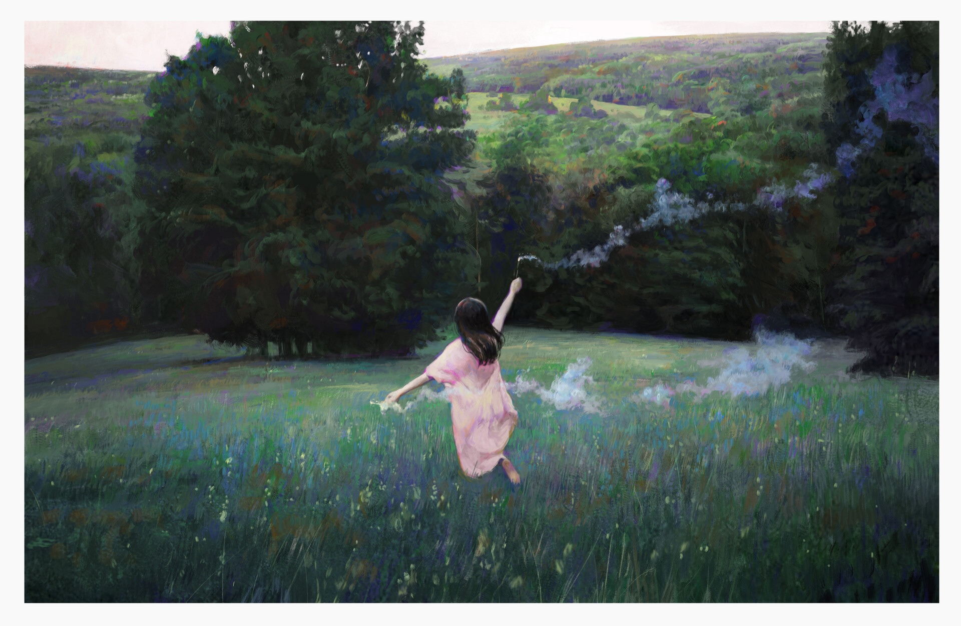 Girl in pink dress with smoke in a grassy landscape HD Wallpaper