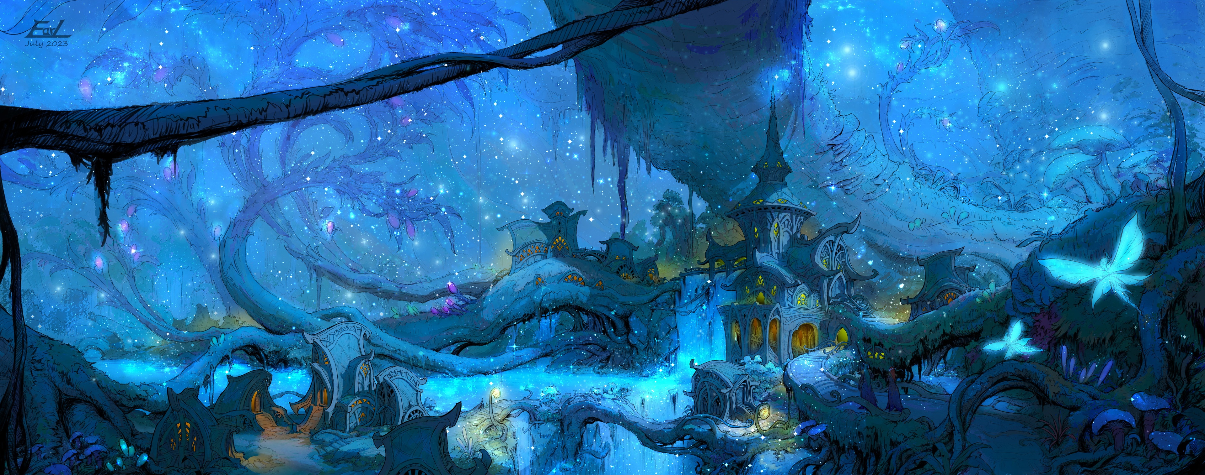 4K blue fantasy village with glowing butterflies HD Wallpaper
