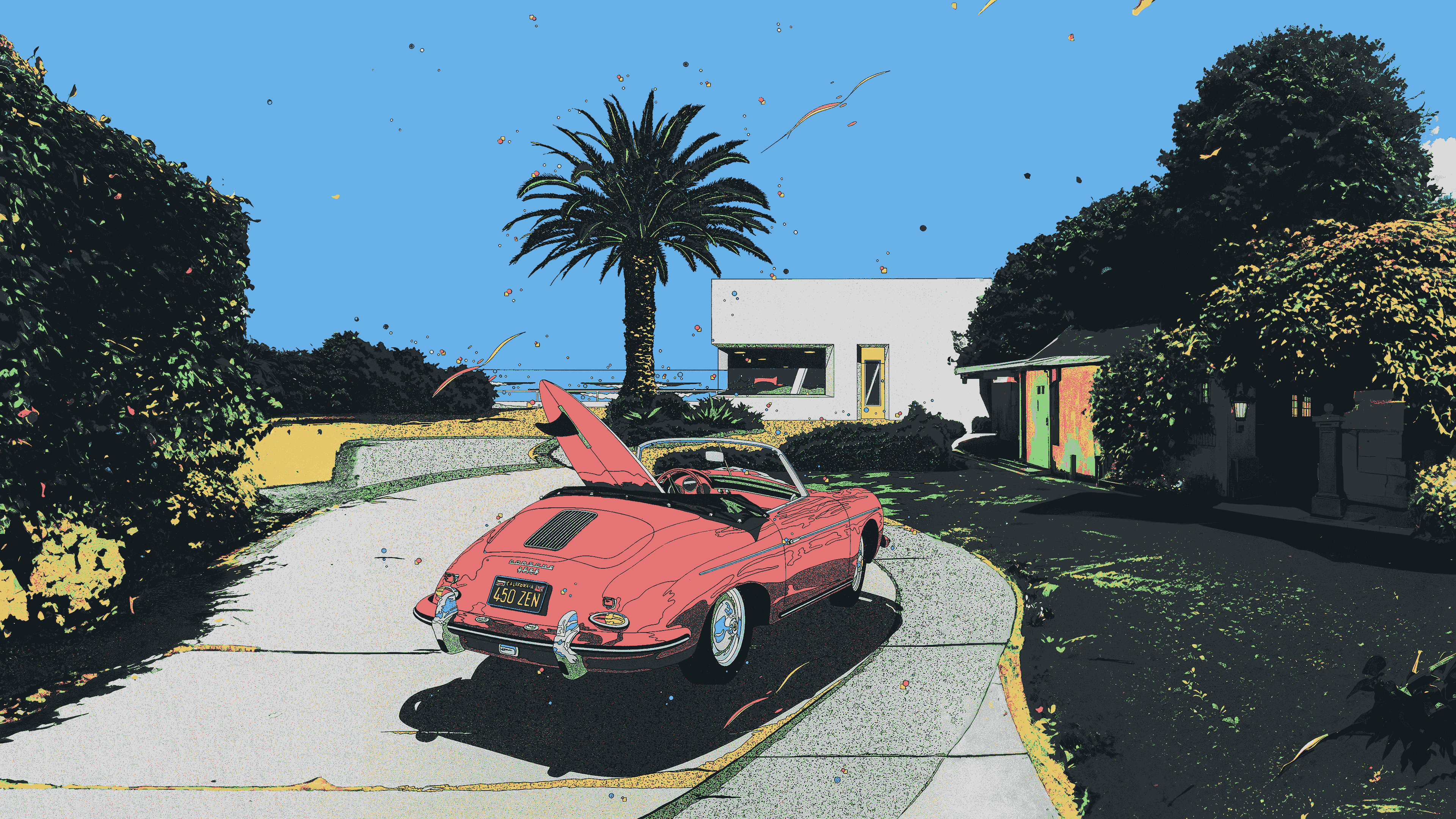 Red convertible car with surfboard parked near a house HD Wallpaper