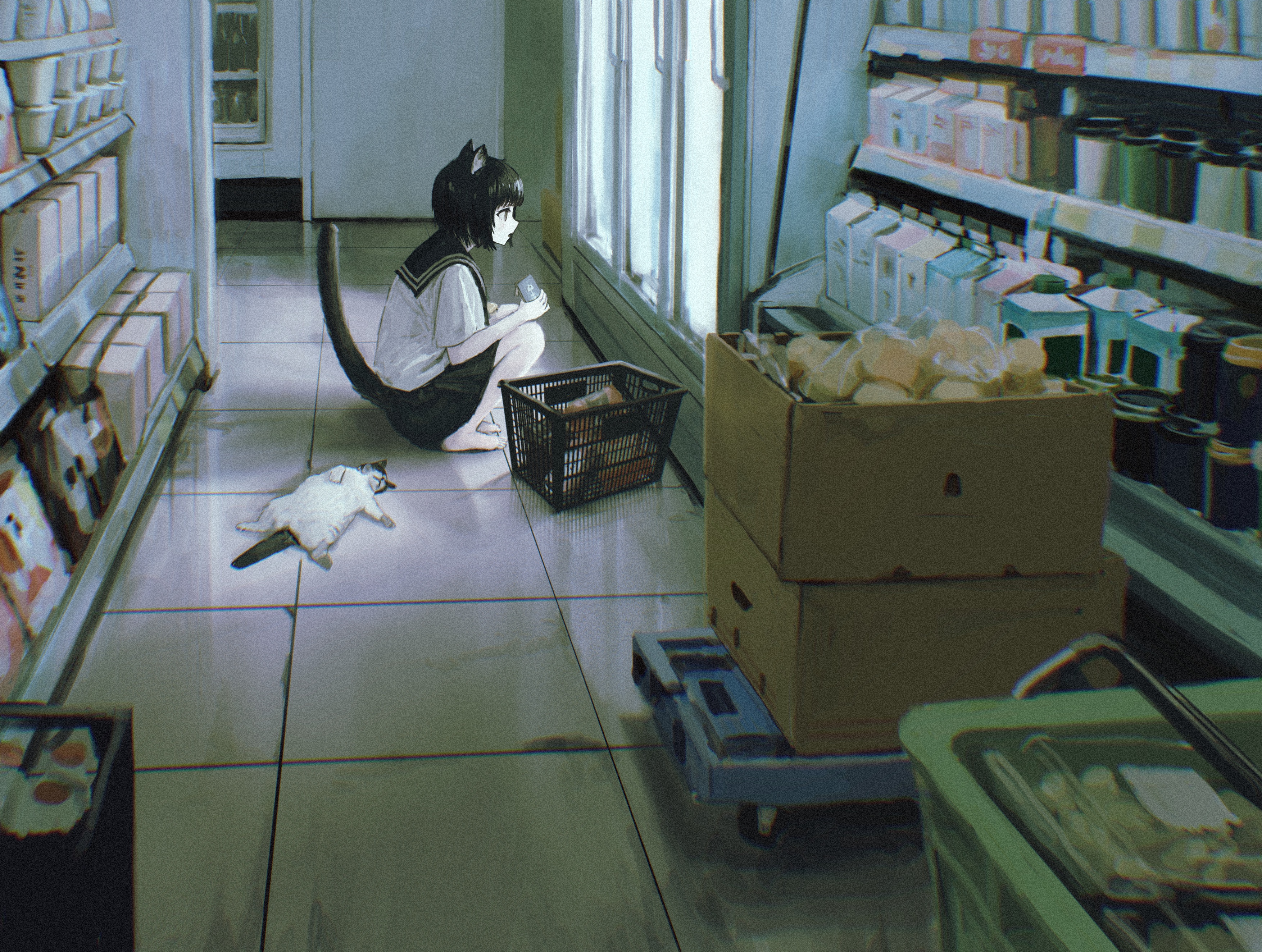 Cat girl in school uniform at a convenience store HD Wallpaper