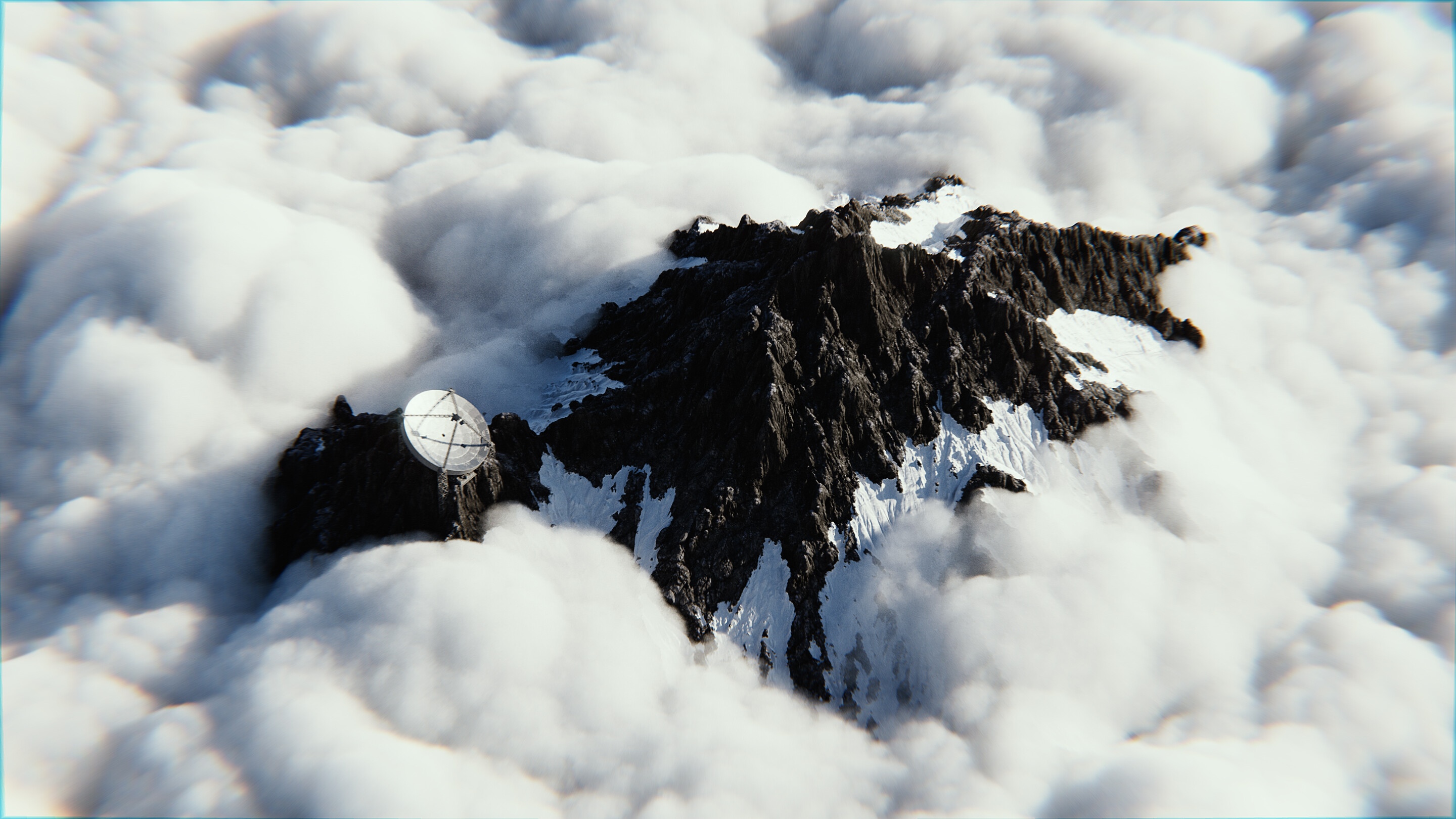 Mountain peak with satellite dish emerging from clouds HD Wallpaper