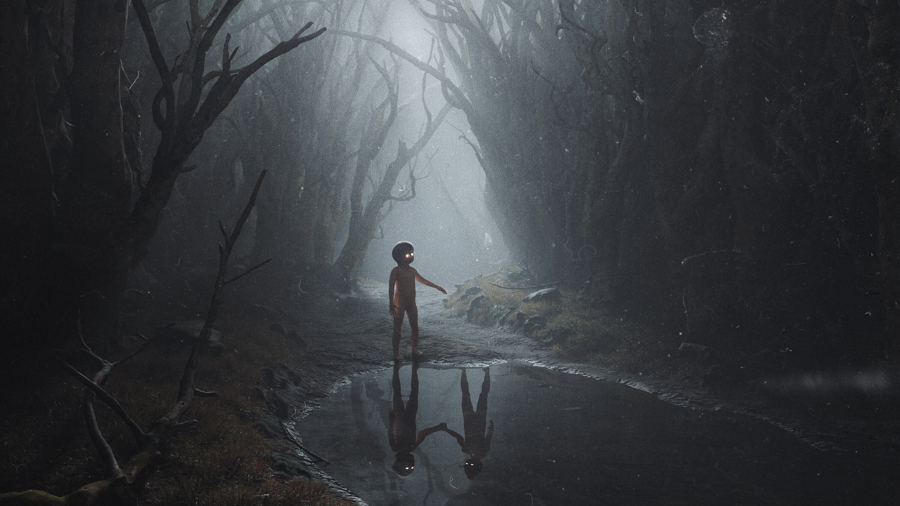Child with glowing eyes in a misty forest HD Wallpaper