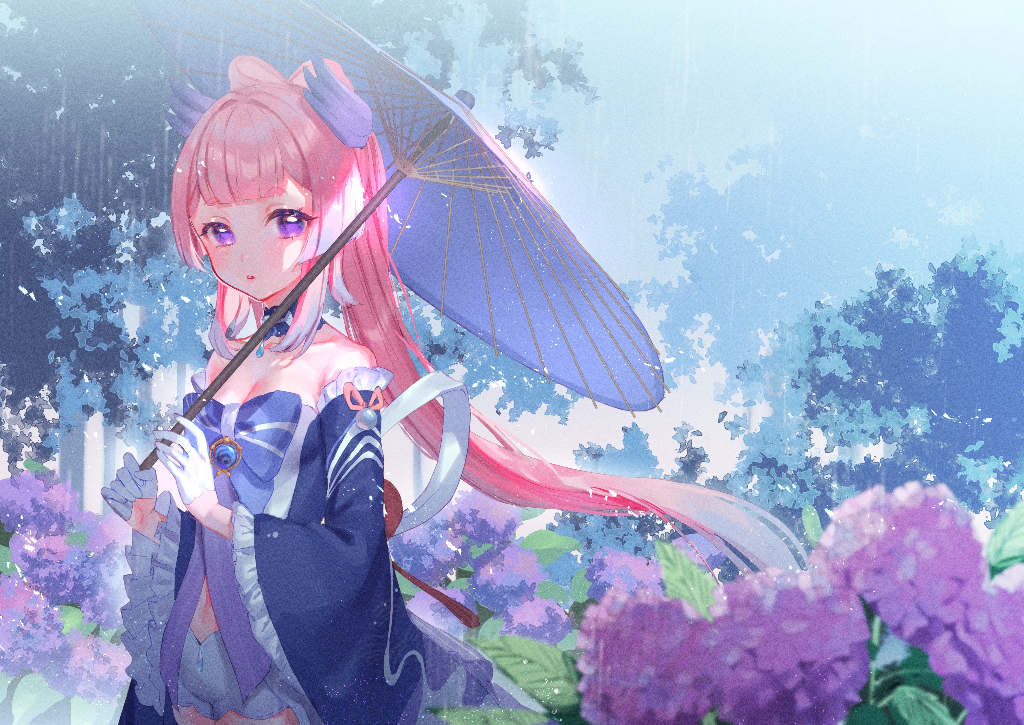 Sangonomiya Kokomi with Umbrella in the Rain HD Wallpaper