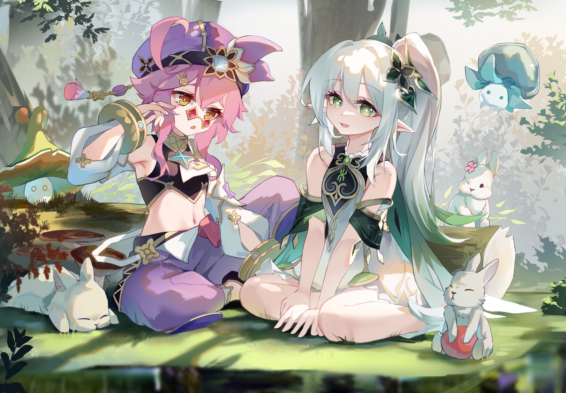 Dori and Nahida from Genshin Impact in a forest HD Wallpaper