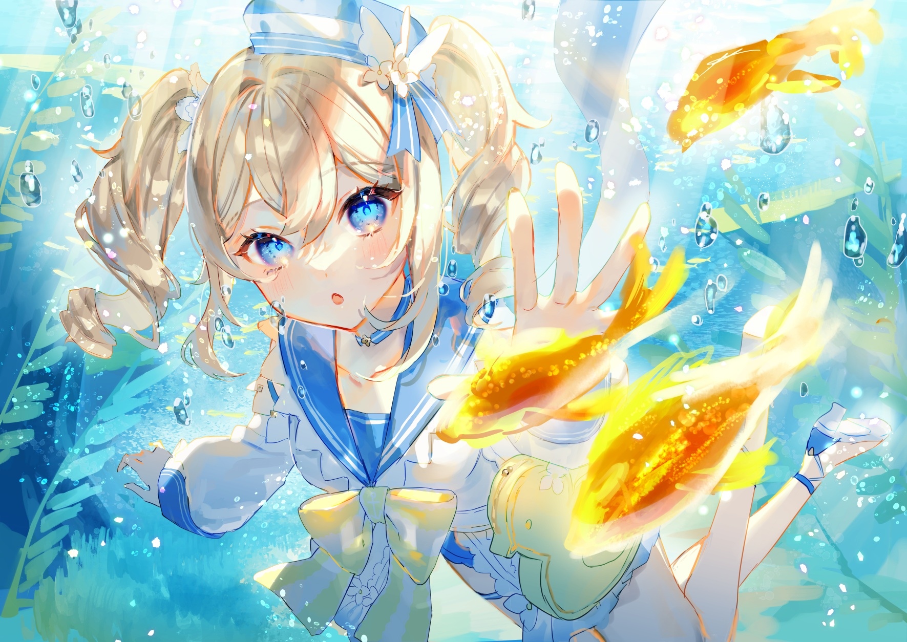 Barbara underwater with goldfish in Genshin Impact HD Wallpaper