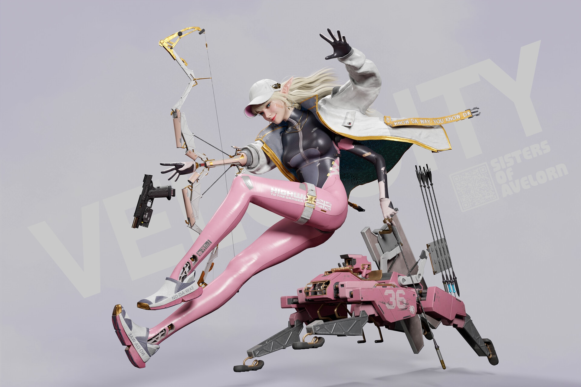 Cyberpunk Archer with Bow and Gun HD Wallpaper