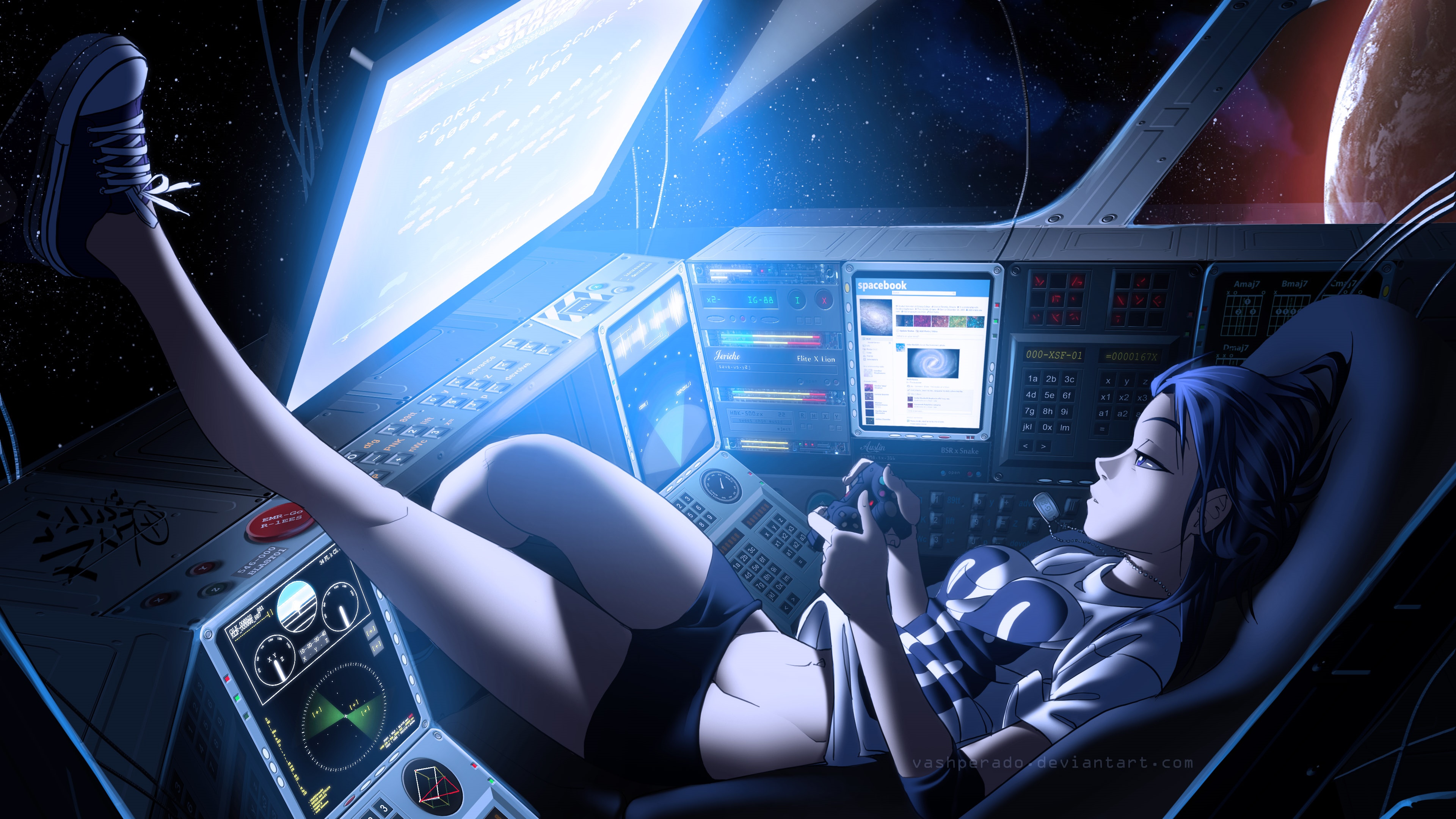 Girl playing PlayStation in a spaceship cockpit HD Wallpaper