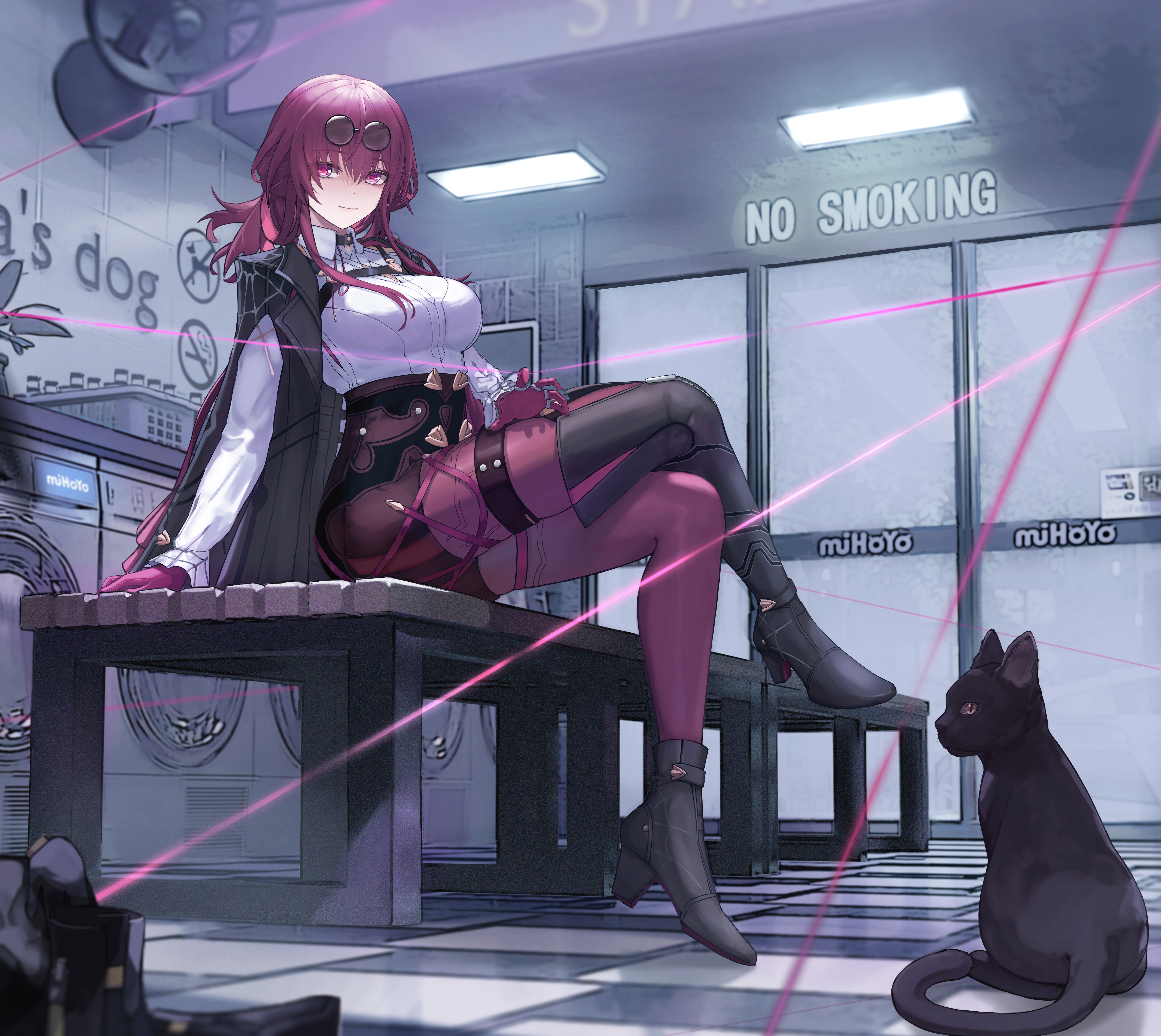 Kafka from Honkai: Star Rail in a laundry room with a cat HD Wallpaper