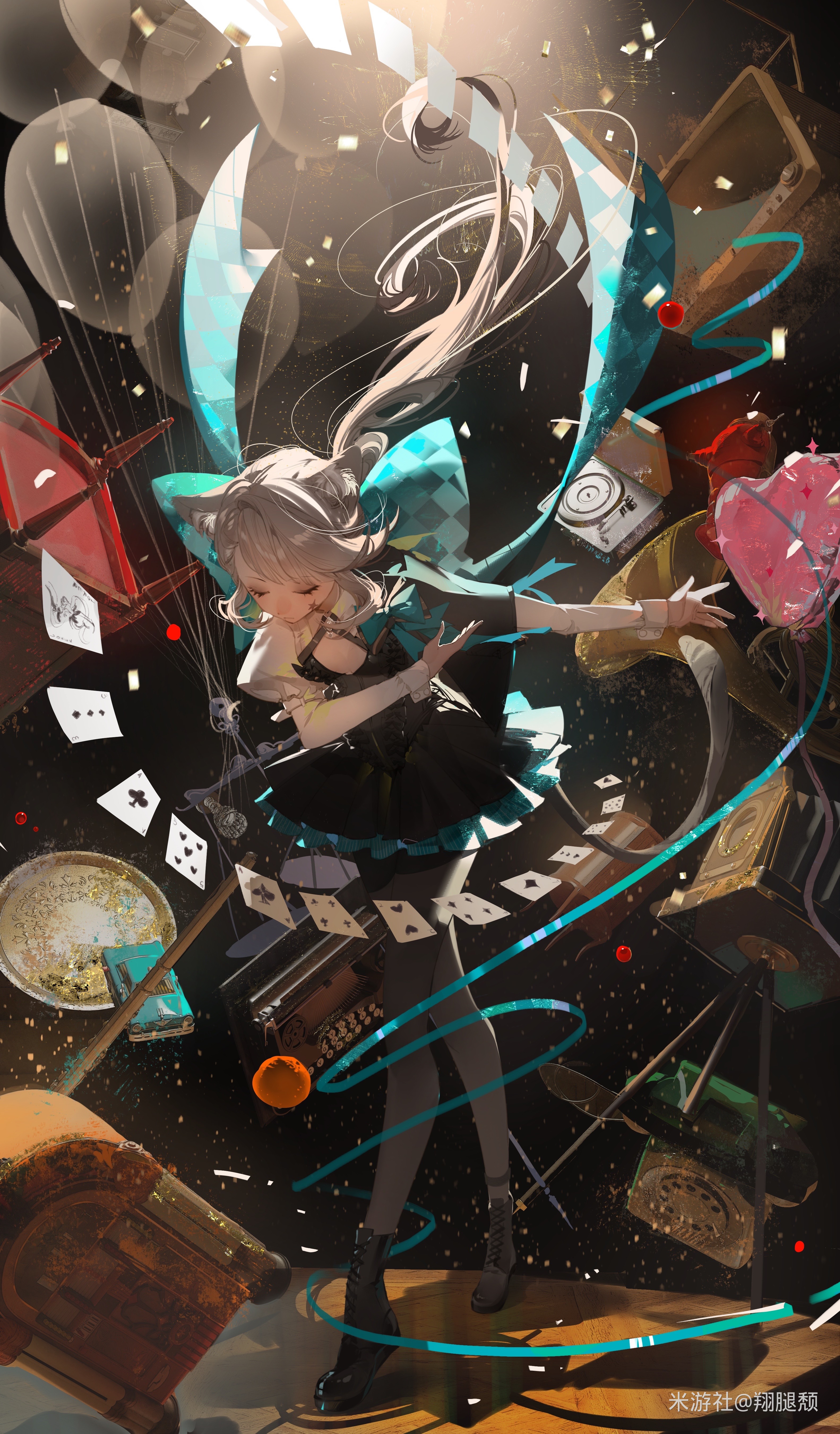 Lynette surrounded by cards and balloons HD Phone Wallpaper